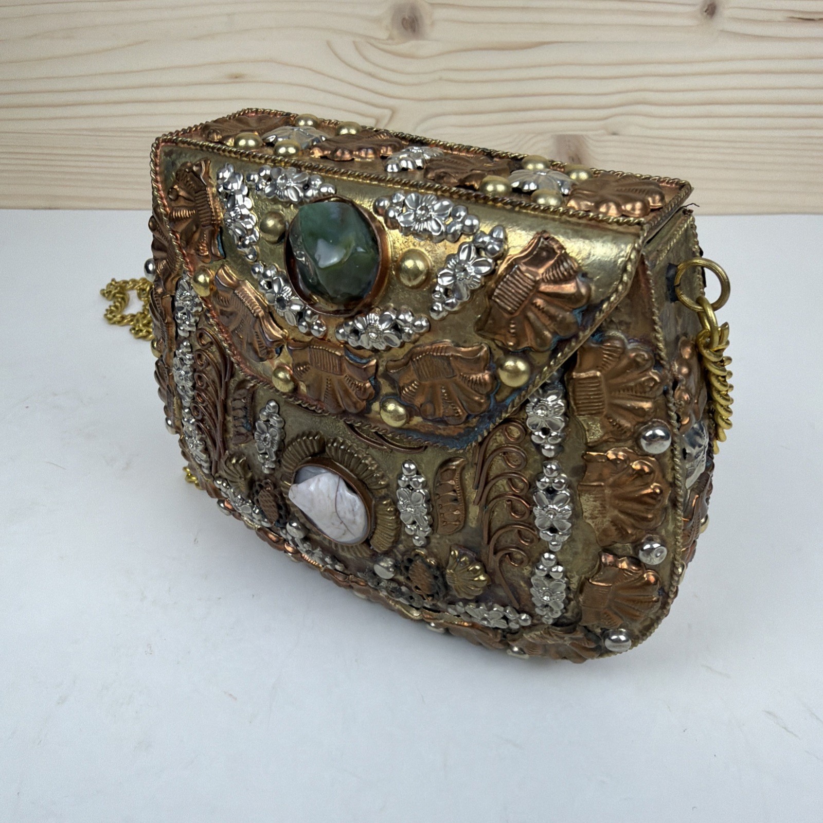 Vintage Sajai Metal Purse Shoulder Evening Crossbody Bag Clutch Silver Gemstones