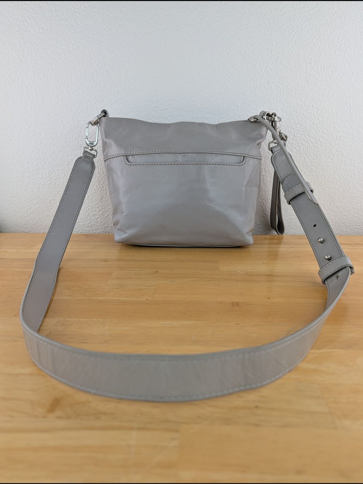 Hobo Gray Smooth Leather Crossbody Bag Clutch Wide Strap Silver Toned Hardware