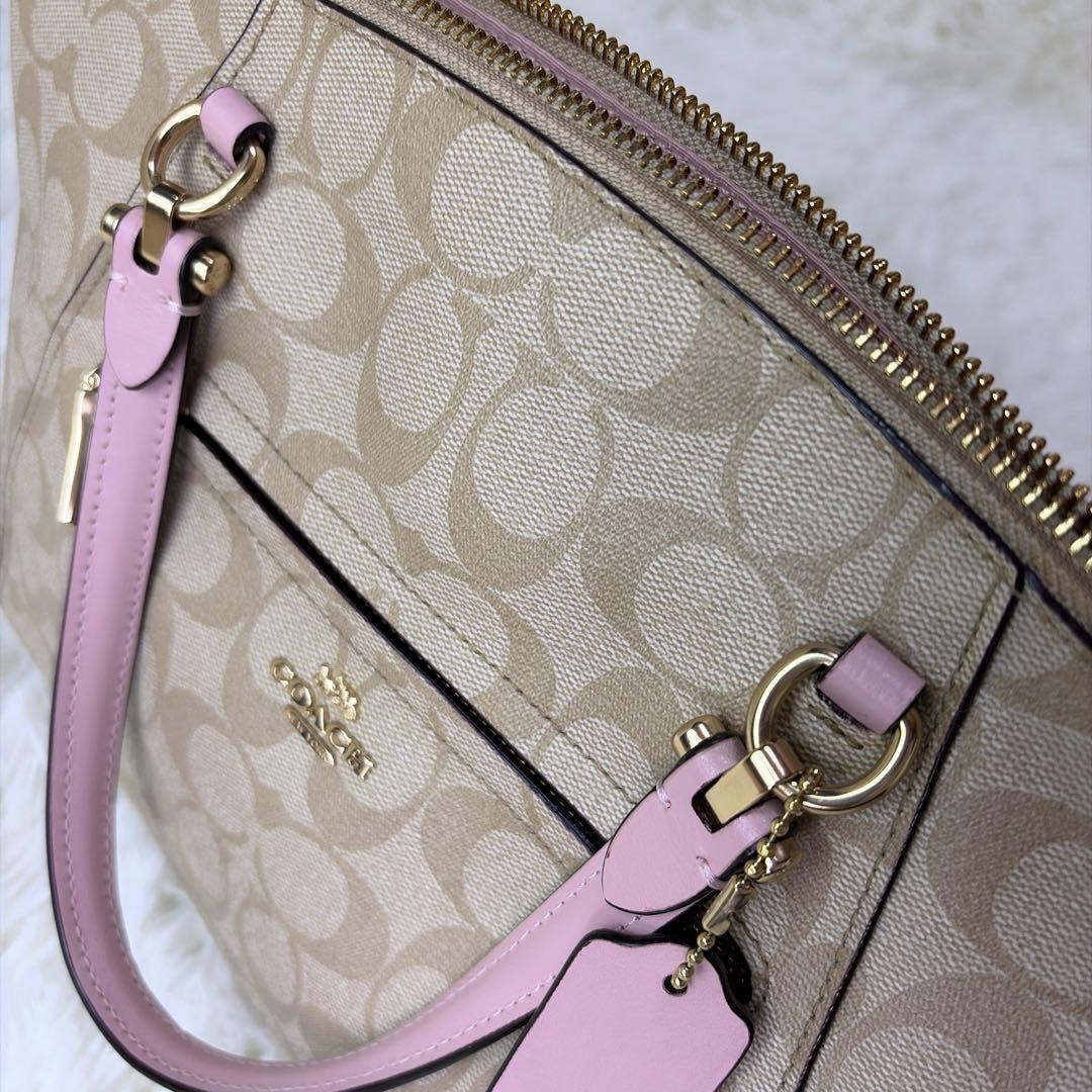COACH Signature Prairie Large Tote Bag Beige Pink Synthetic Leather Authentic