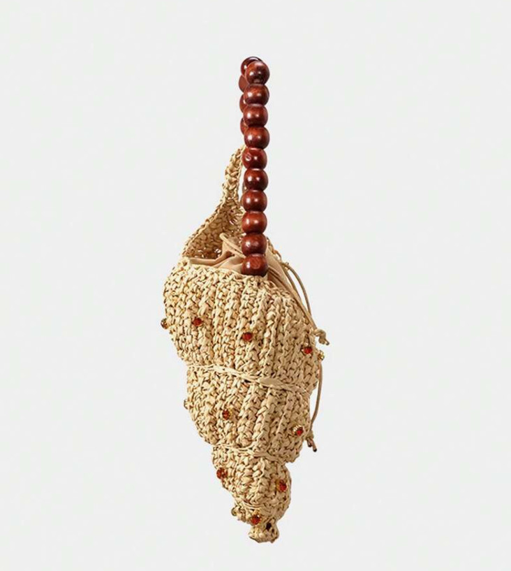 Woven Seashell Wristlet Bag w/ Wooden Bead Handle & Crystals – NWOT