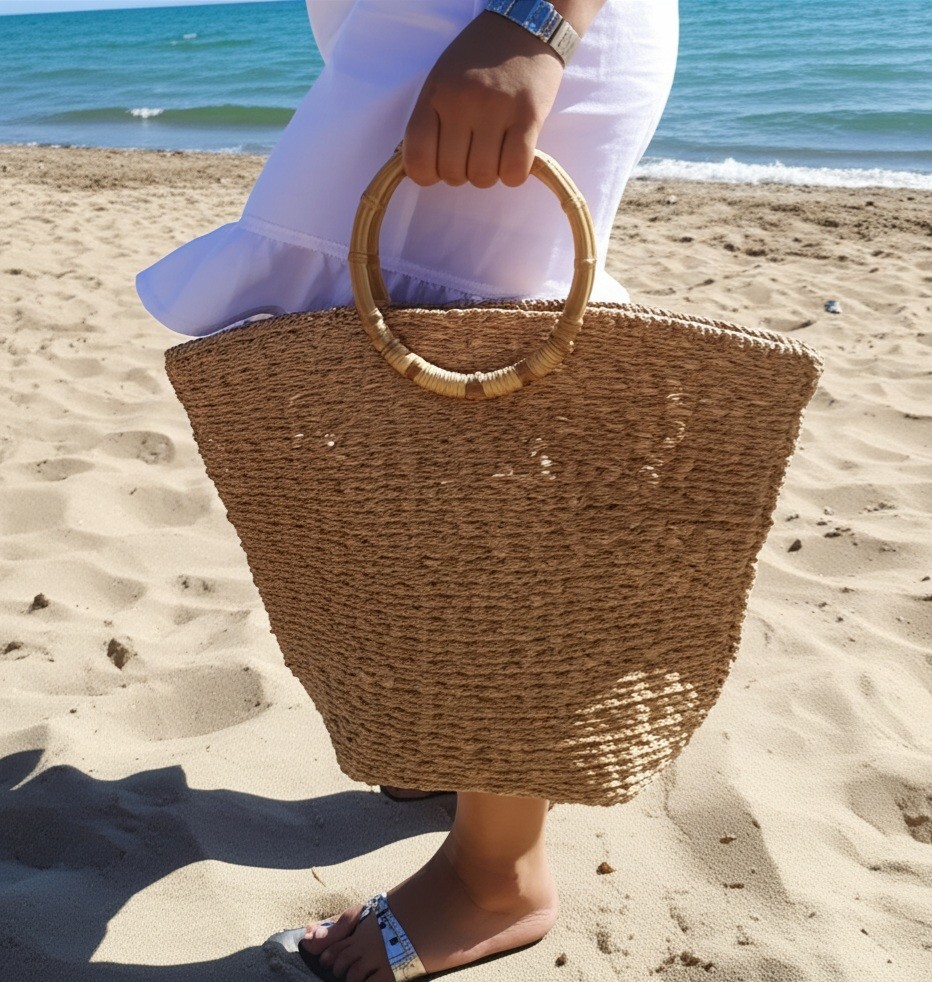 Large Straw Tote Bag – Boho Woven Purse with Bamboo Handles – All Season Natural