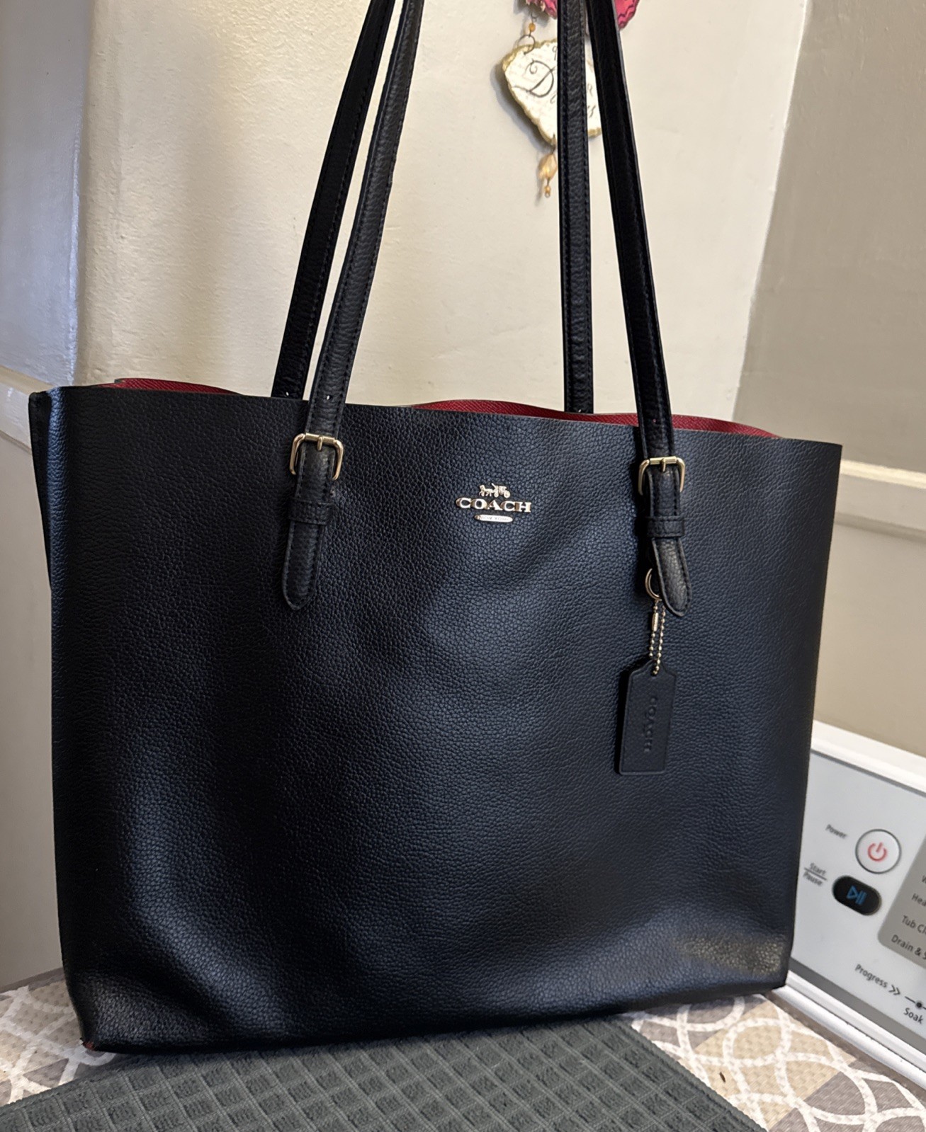 Coach Mollie Tote 1671 Black Pebbled Leather Red Interior Work Bag