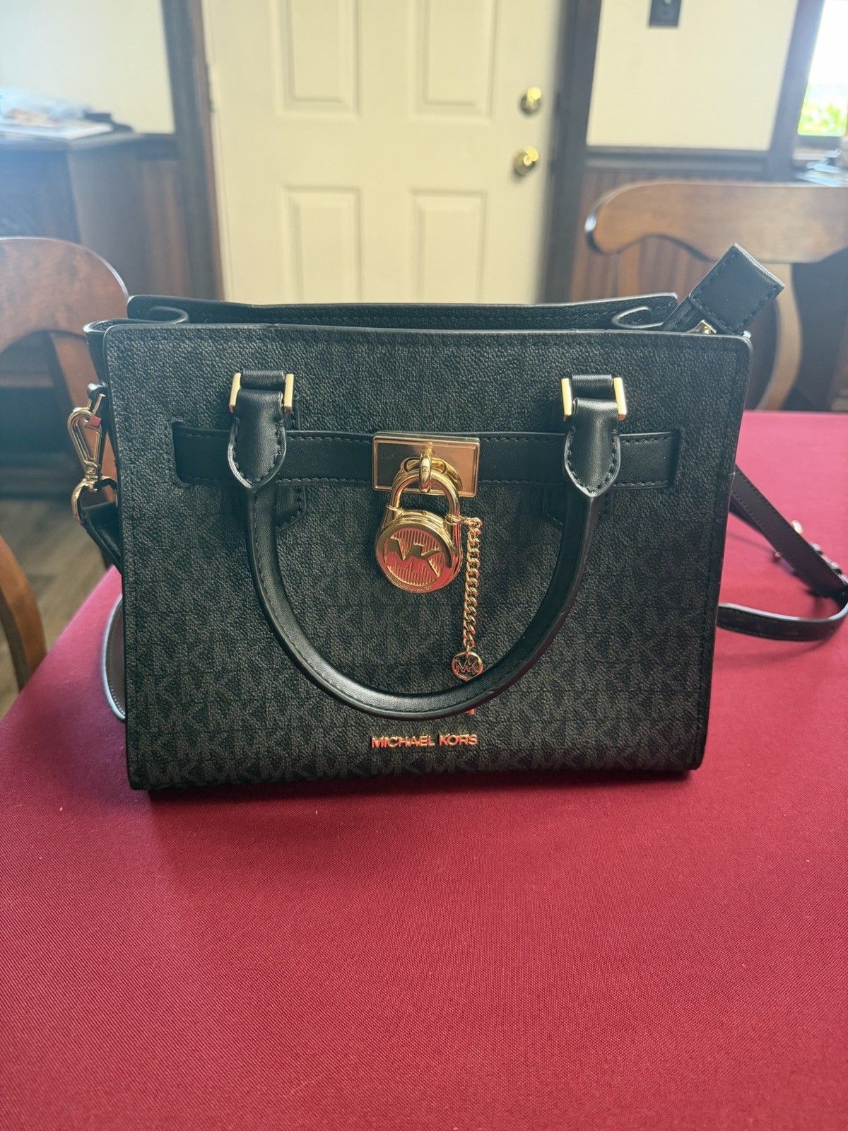Michael Kors Hamilton Small Logo Satchel Black with Gold Hardware