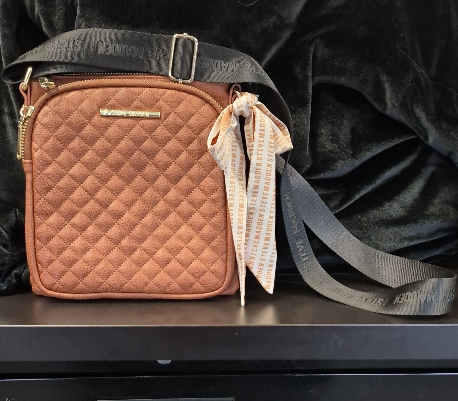 Steve Madden Brown Quilted Small Crossbody Bag Zip, Adjustable Logo Strap Gold