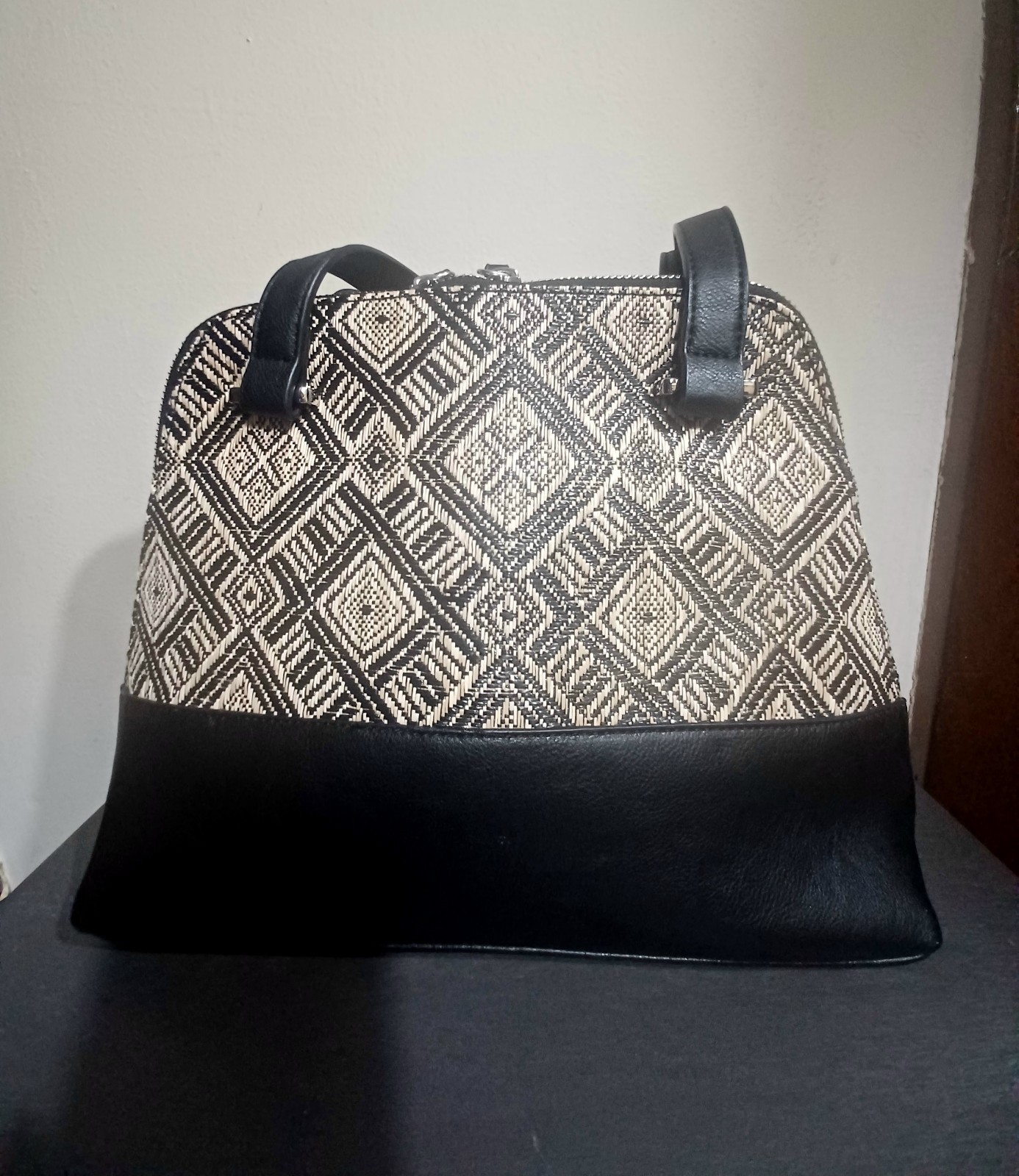 Black & Beige Geometric Shoulder Bag Zip Closure, Inner Pockets, Silver Hardware