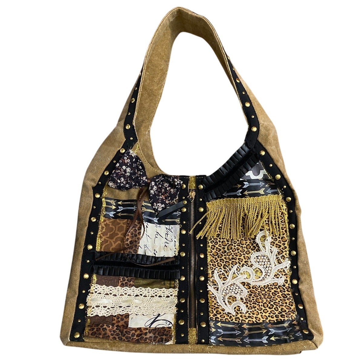 Upcycled Mono B Boho Hobo Bag Purse Canvas w/ bow embellishments studded Western