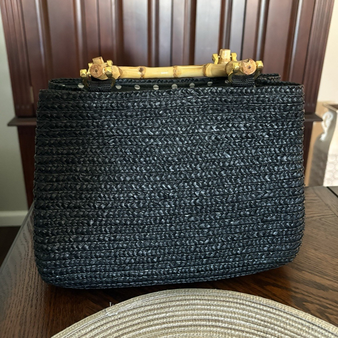 Black Woven Top Handle Bag, Bamboo Handle, Polka Dot Lining, Magnetic Closure