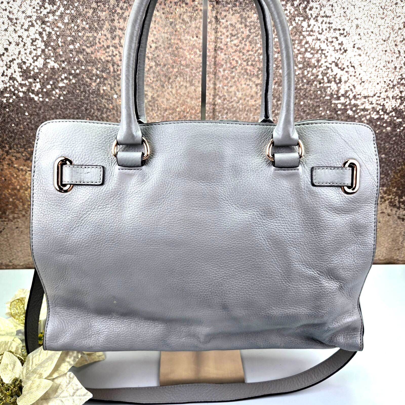 Michael Kors Womens Hamilton Satchel Handbag Purse Medium Gray Leather W/Strap