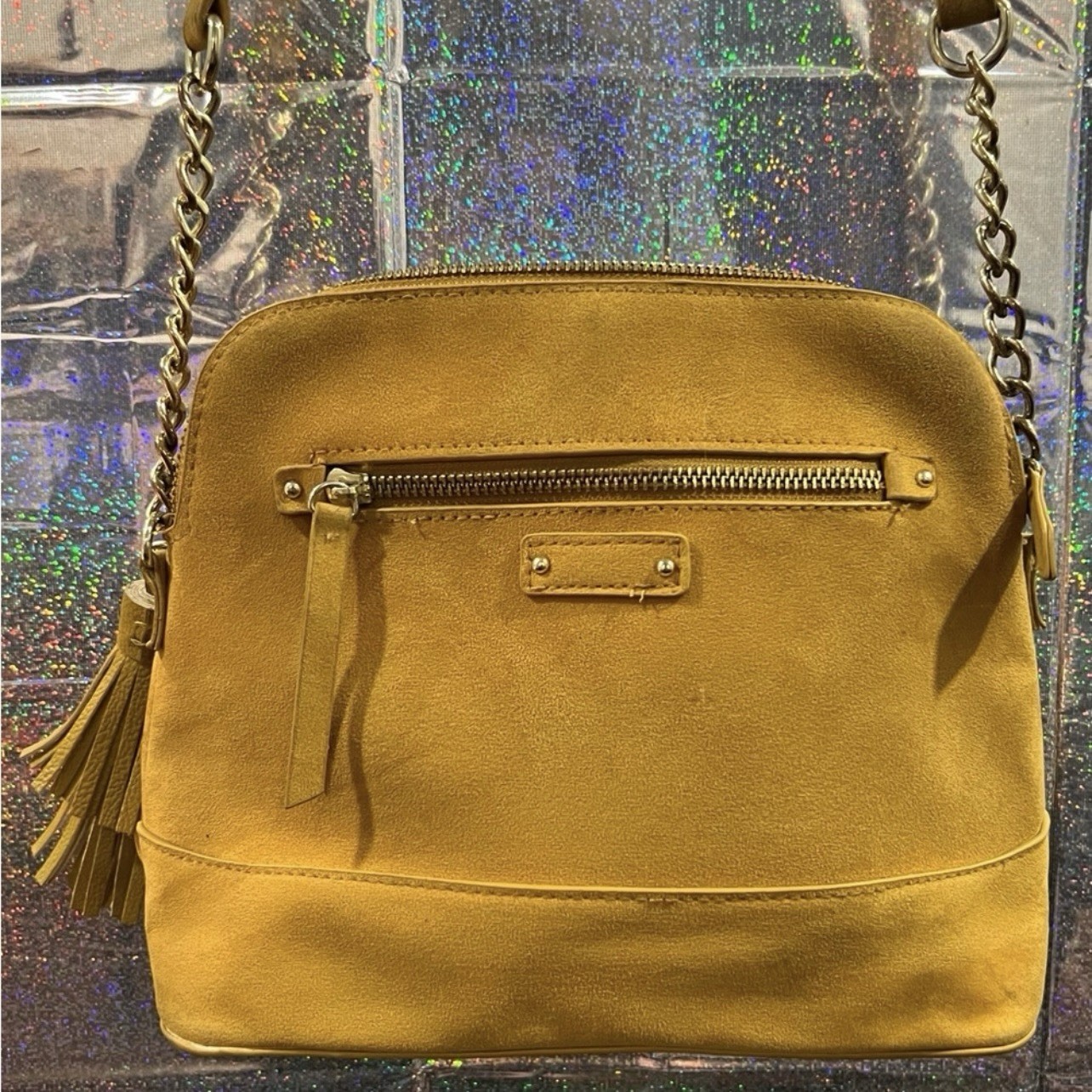 Mustard Yellow Shoulder Bag Tassel Chain Strap Gold Hardware Women