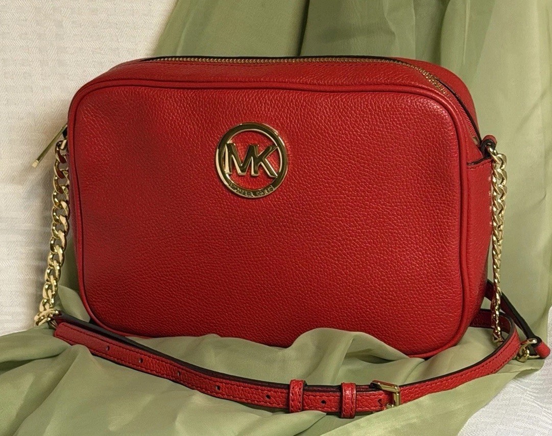 Michael Kors Cherry Red Soft Leather Crossbody Adjustable Gold Chain MINT