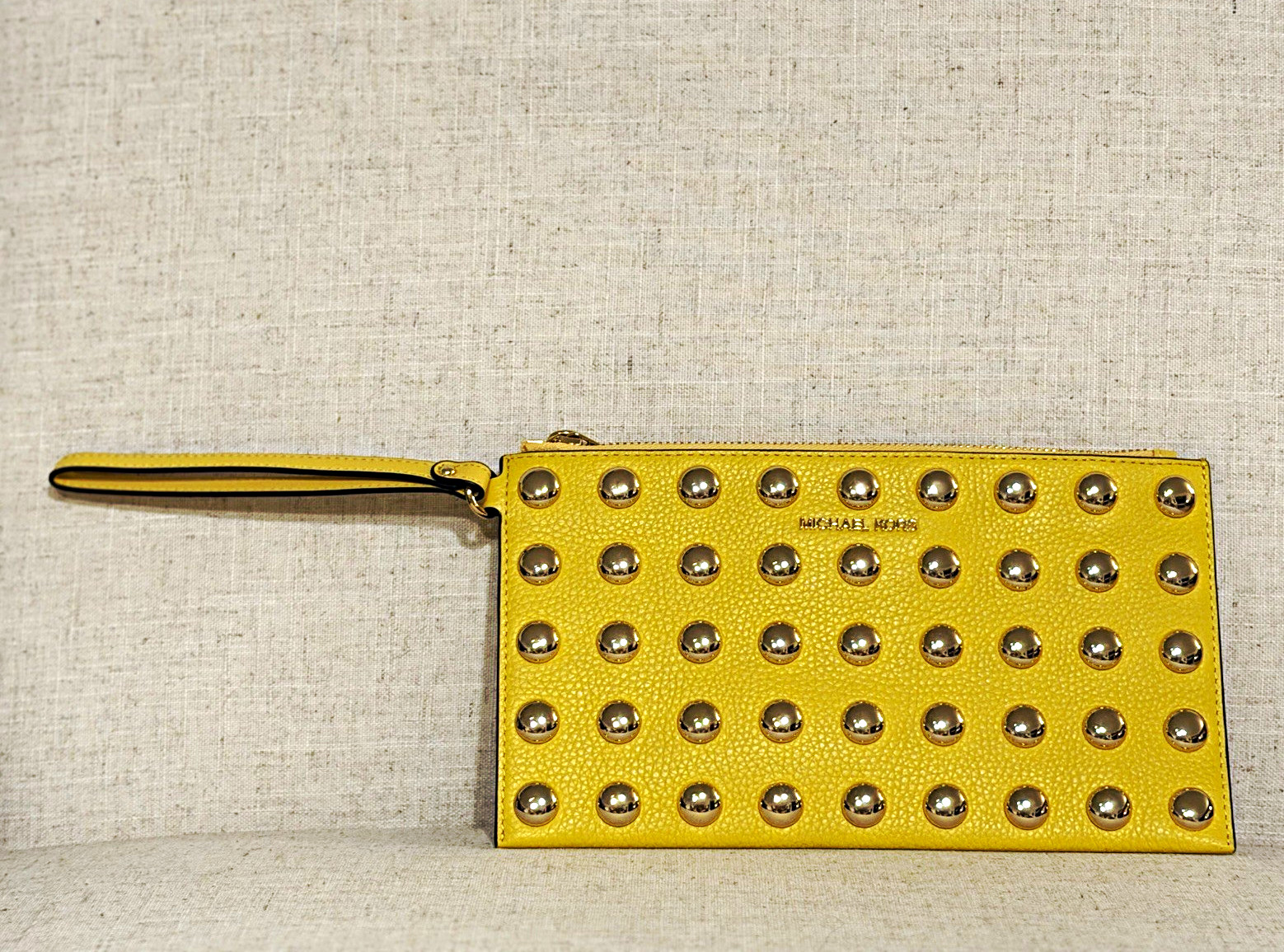 Michael Kors Yellow Studded Leather Wristlet Zip Pouch Clutch Gold Tone EUC