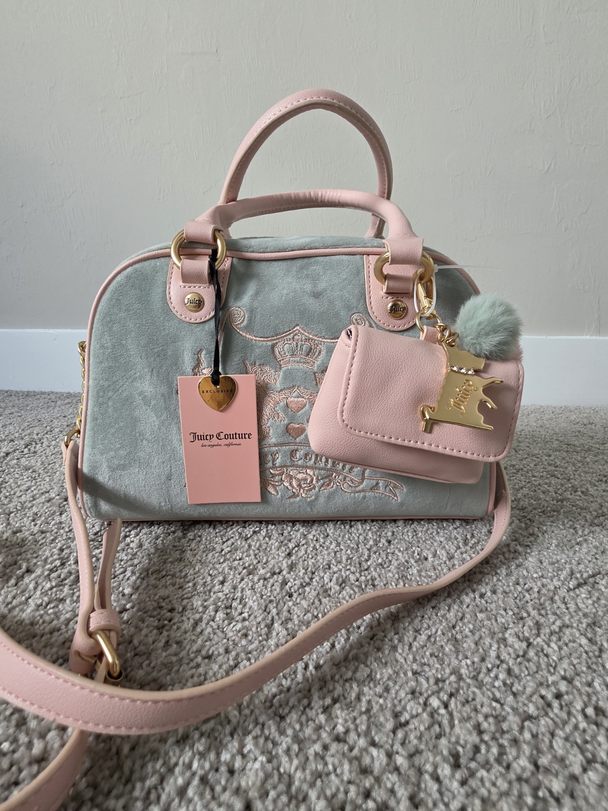 Juicy Couture New Love Chapter Satchel Green Pink w/ Pouch Charms Strap