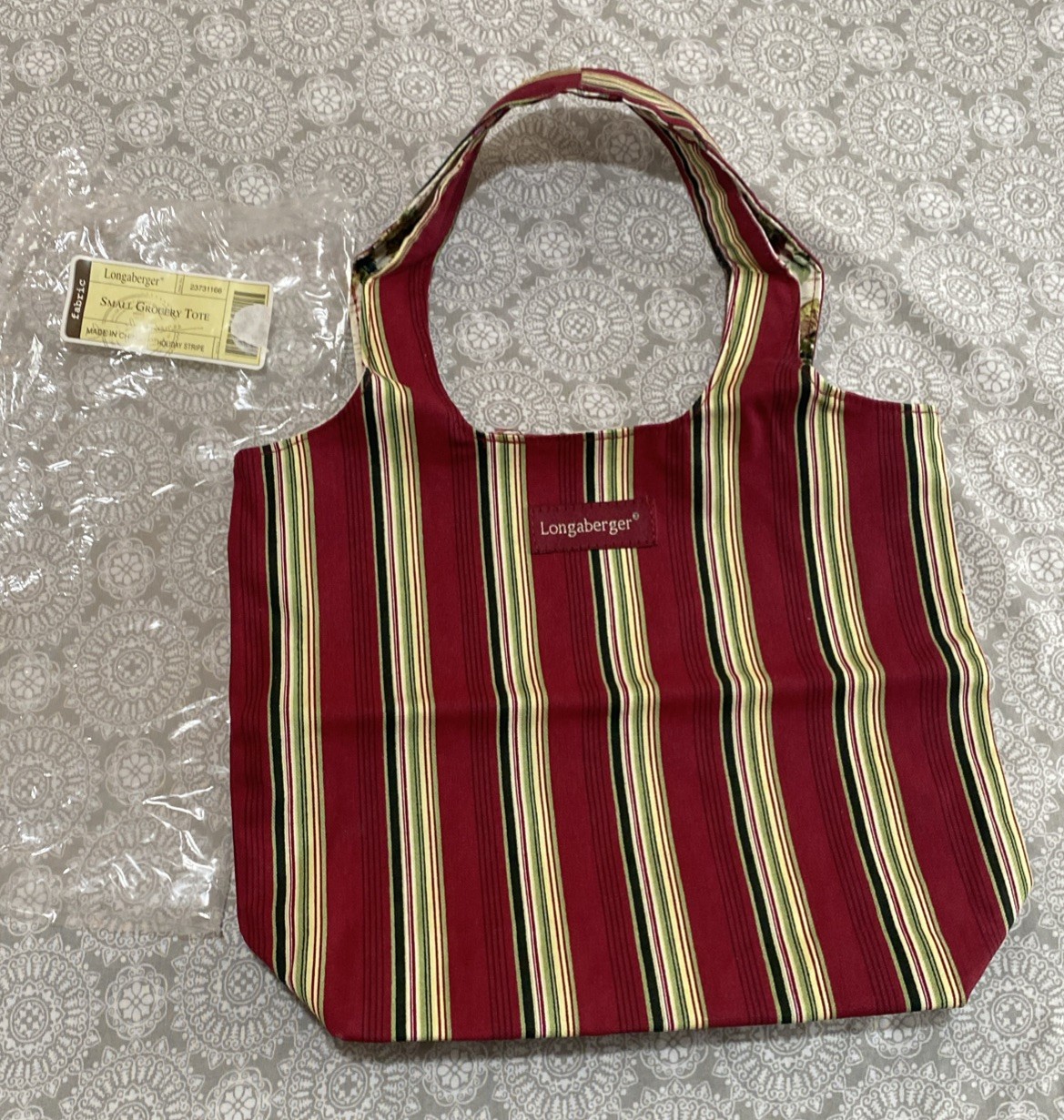 Longaberger Reversible Small Grocery Tote Bag Holiday Stripe /Holiday Botanical