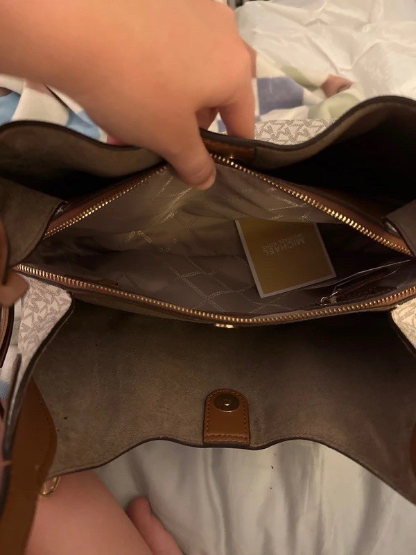 Michael Kors Signature Monogram Large Zip Tote Beige Brown Shoulder Strap Gold