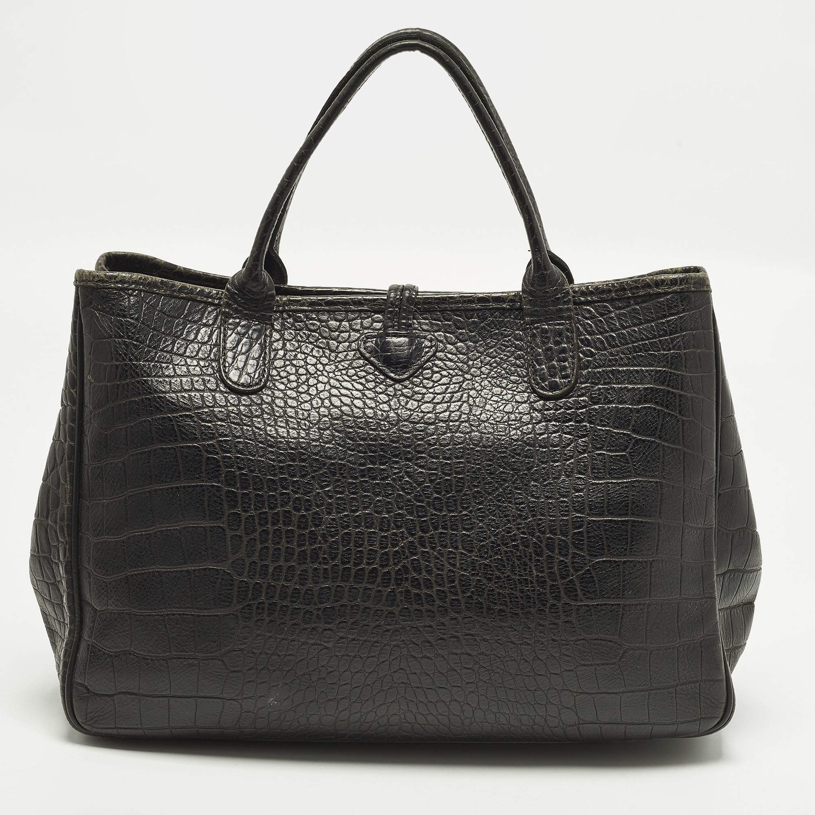 Longchamp Roseau Black Croc Embossed Leather Tote