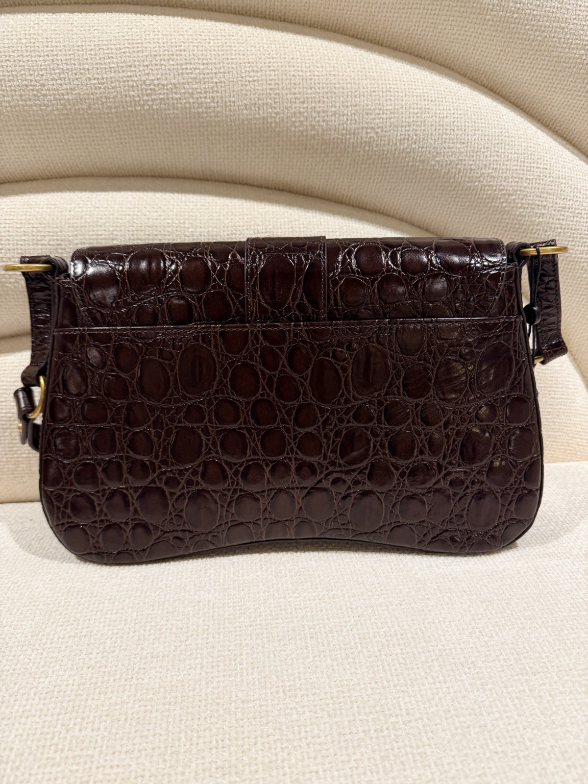 Brahmin Brown Crocodile Embossed Shoulder Bag Gold Hardware Buckle w/ Card