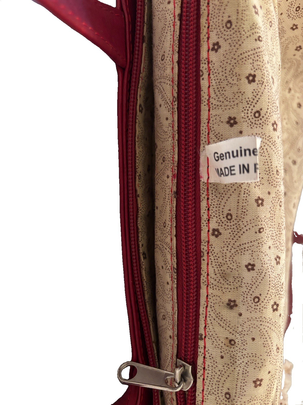 Red Embossed Leather Tote Bag Zip Top Floral Pattern Inner Pockets Silver