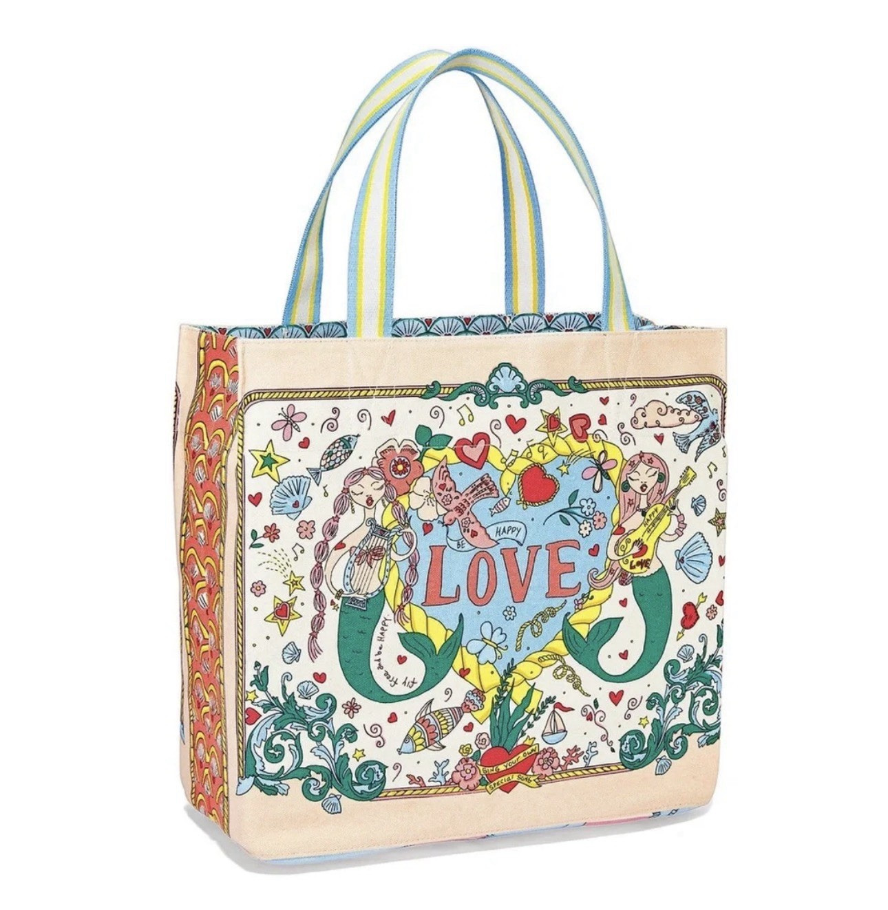 Brighton Large Canvas Tote Multicolor Beige LOVE Mermaid Sun Print Inner Pocket