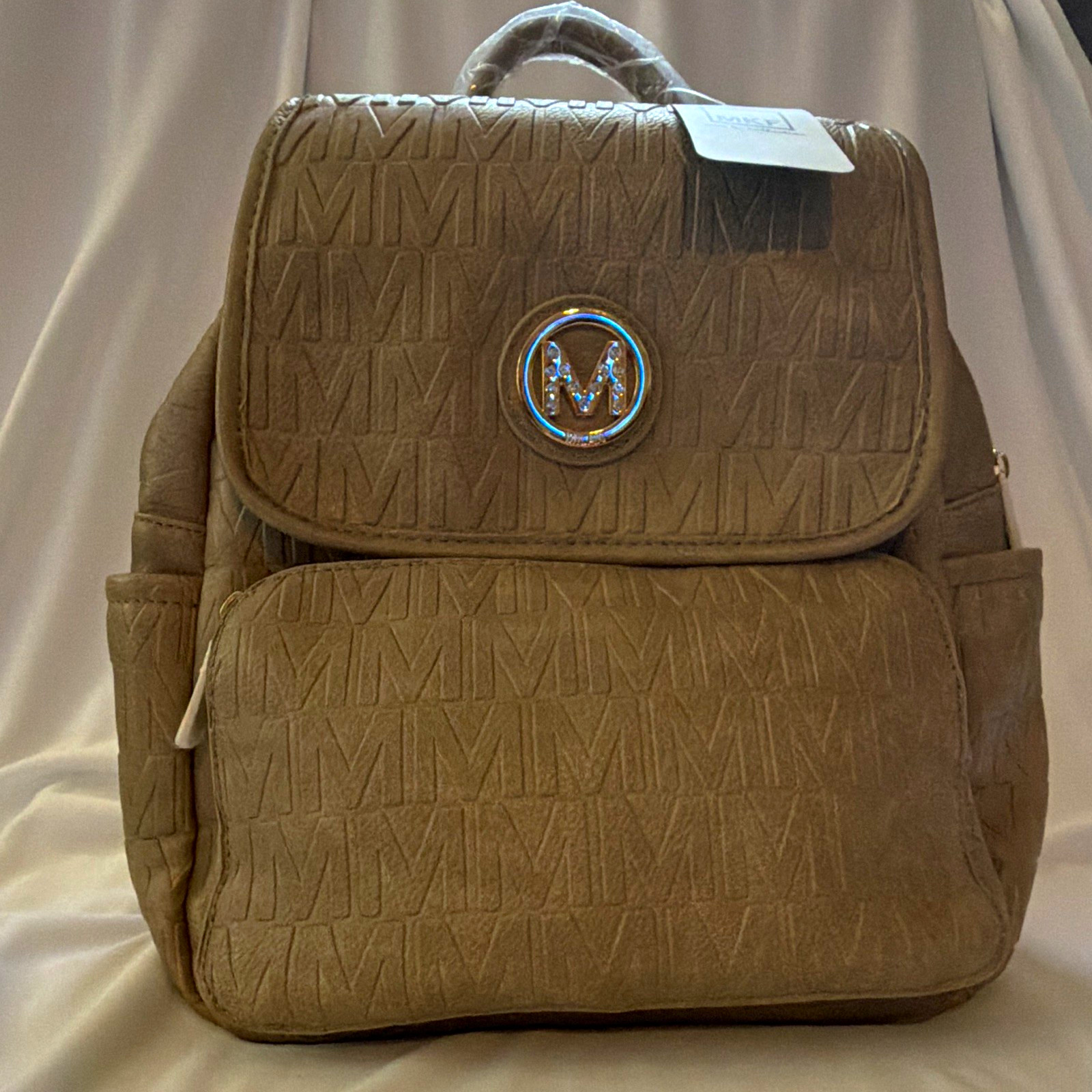 MKF Collection Mia K Taupe Monogram Backpack Gold Hardware Zip Closure Pockets