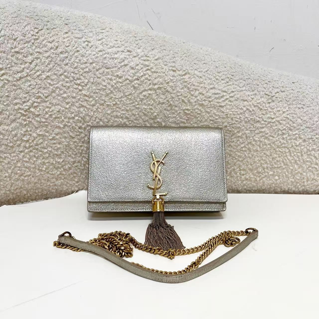 YSL Yves Saint Laurent Kate Small Silver Metallic Leather Tassel Crossbody Auth