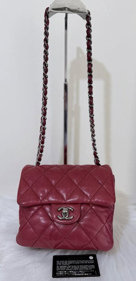 CHANEL Quilted Lambskin Mini Square Flap Bag Dark Pink Crossbody Authentic