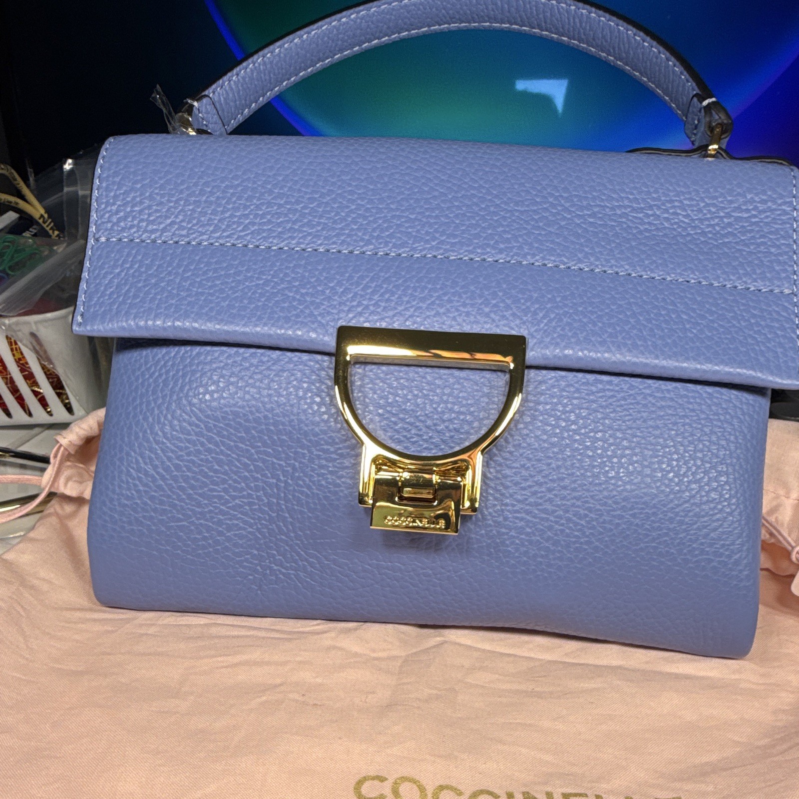 COCCINELLE Small Blue Pebbled Top Handle Satchel Turn Lock Gold Strap Dust Bag