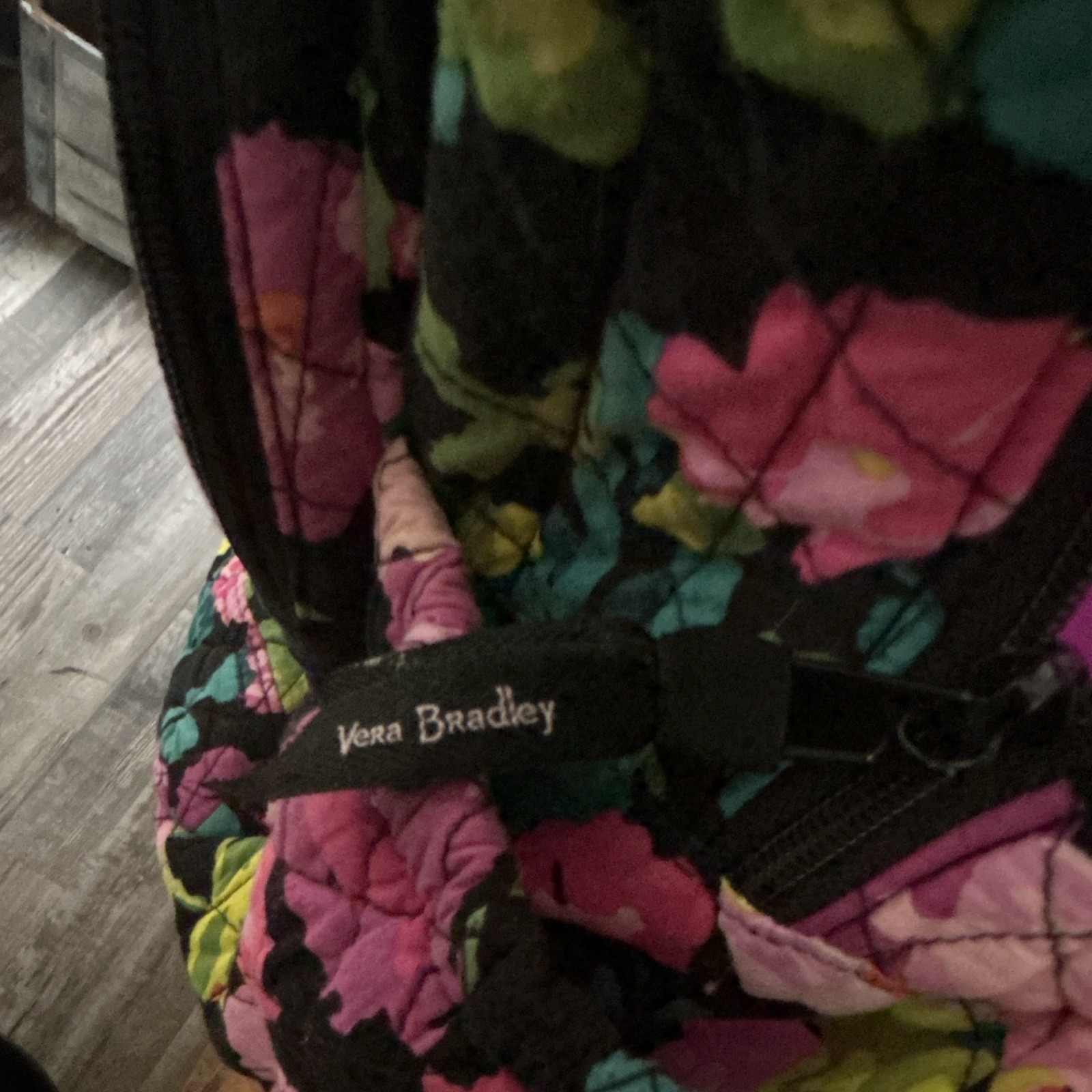 Vera Bradley Floral Backpack Black Pink Green Yellow Purple Lined Pockets