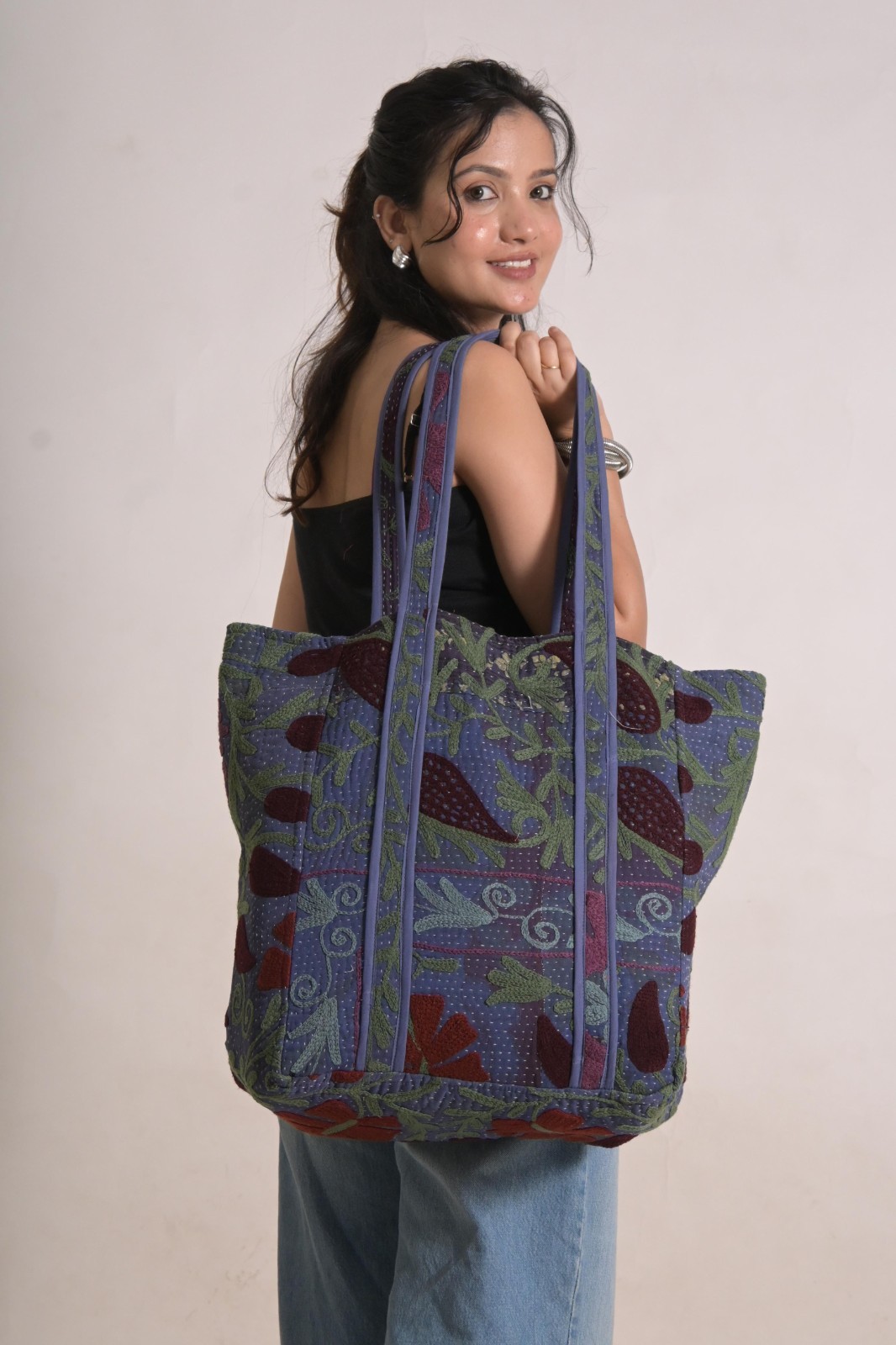 Vintage Cotton Suzani Embroidery Tote Bag Handmade Indian Boho Shoulder Bag