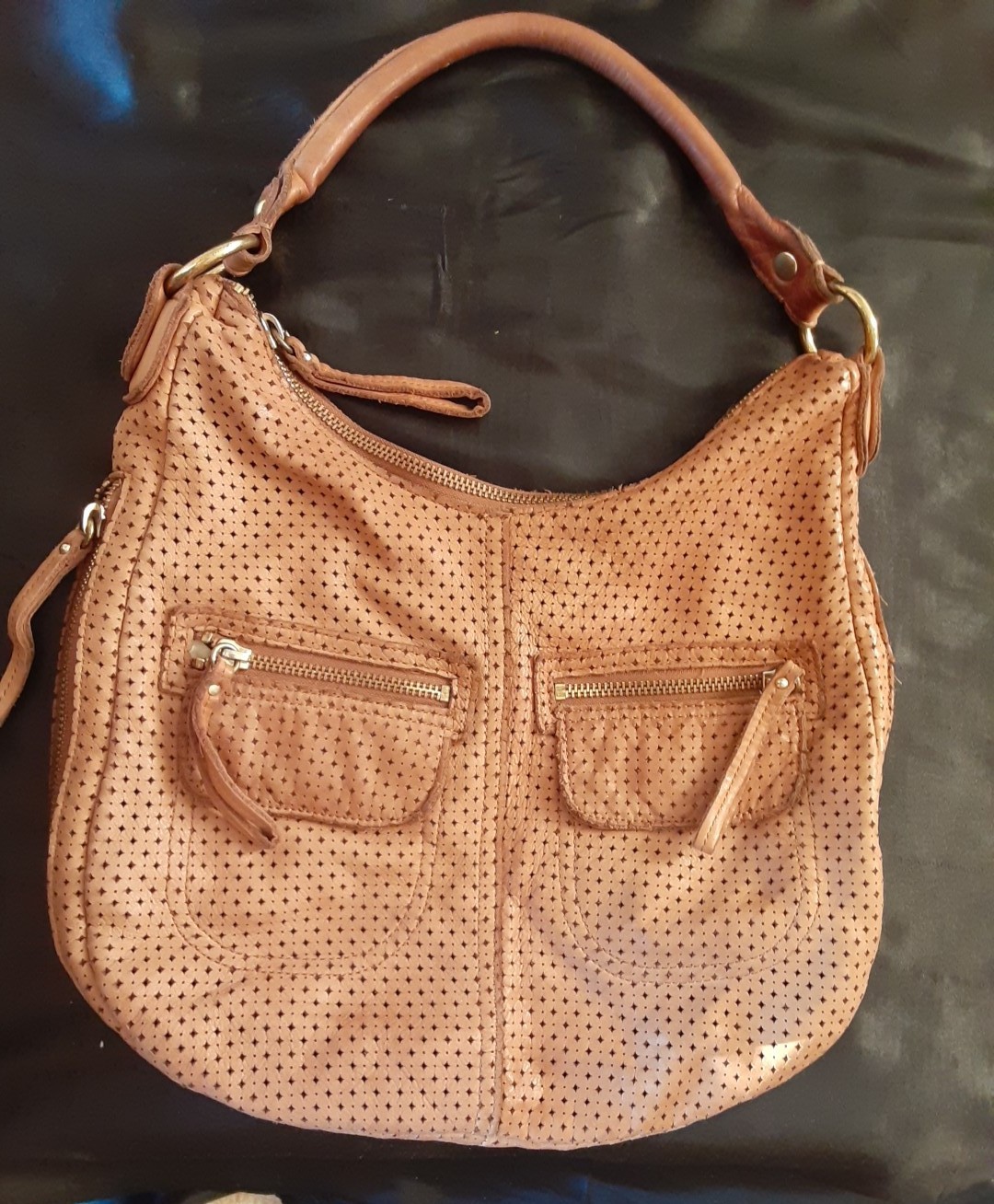 Linea Pelle Collection Hobo Tan Beige Leather Large Shoulder Handbag Perforation