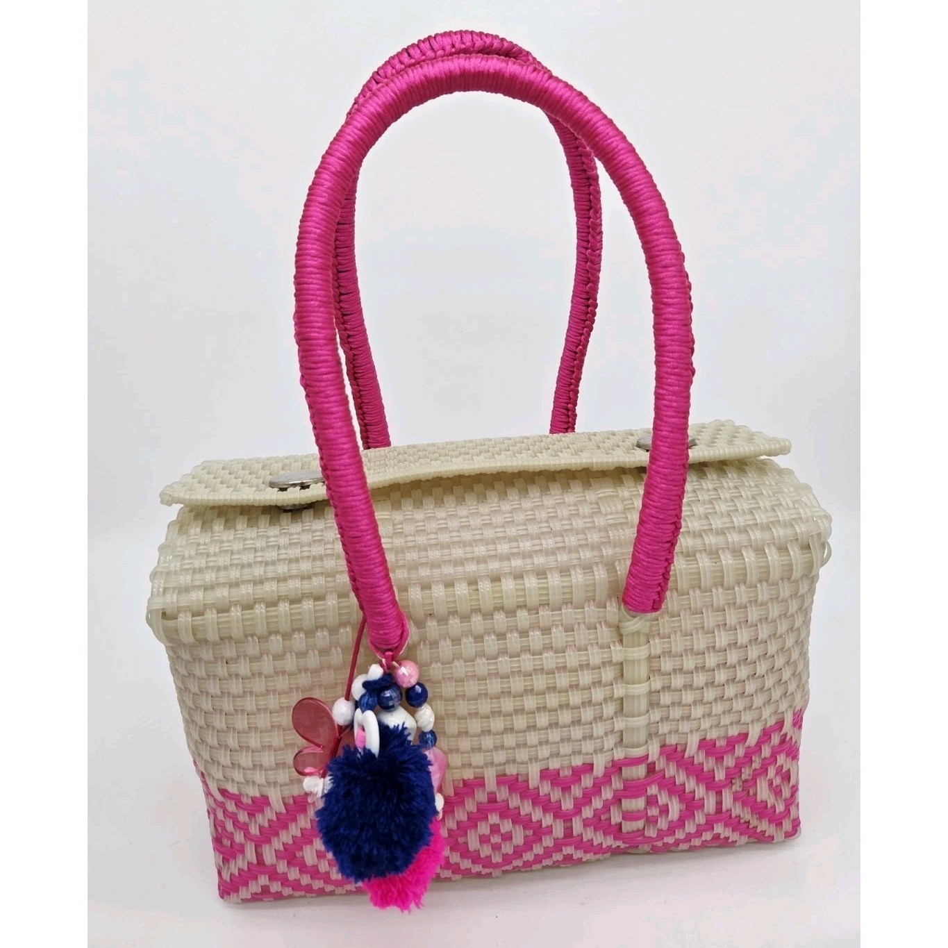 Handmade Woven Multicolor Tote Bag With Wrapped Handles Pink Recylced Beach PINK