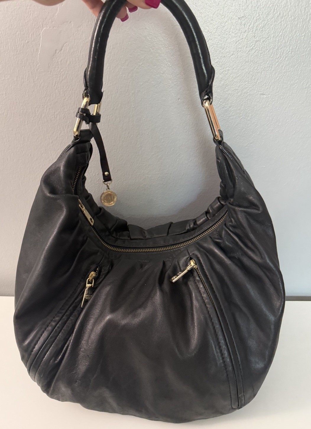 DKNY vintage hobo lamb leather purse dual zip pocket slouchy shoulder bag steffi