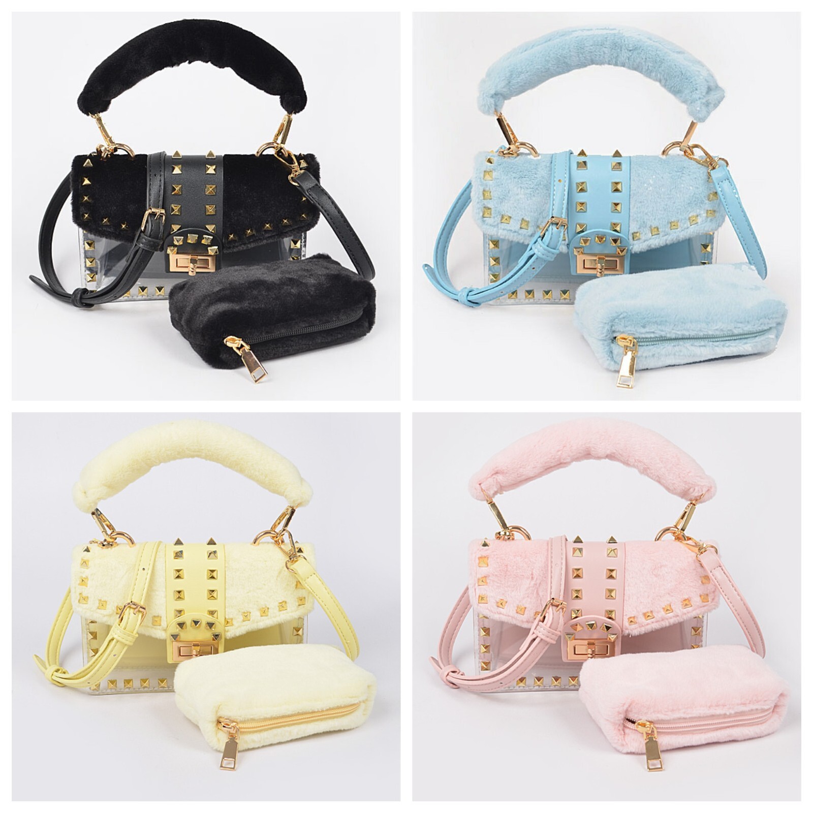 handbags women Faux Fur Clear Studded Bag WITH FAUX FUR POUCH AND SHOULDER STRAP