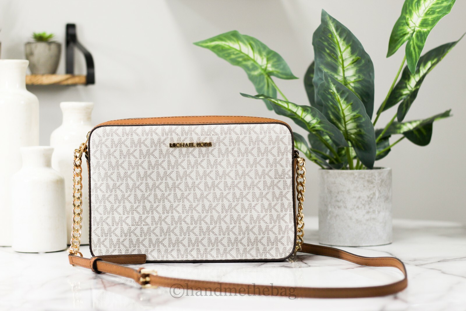 Michael Kors Jet Set Large East West Vanilla Signature Leather Crossbody Handbag