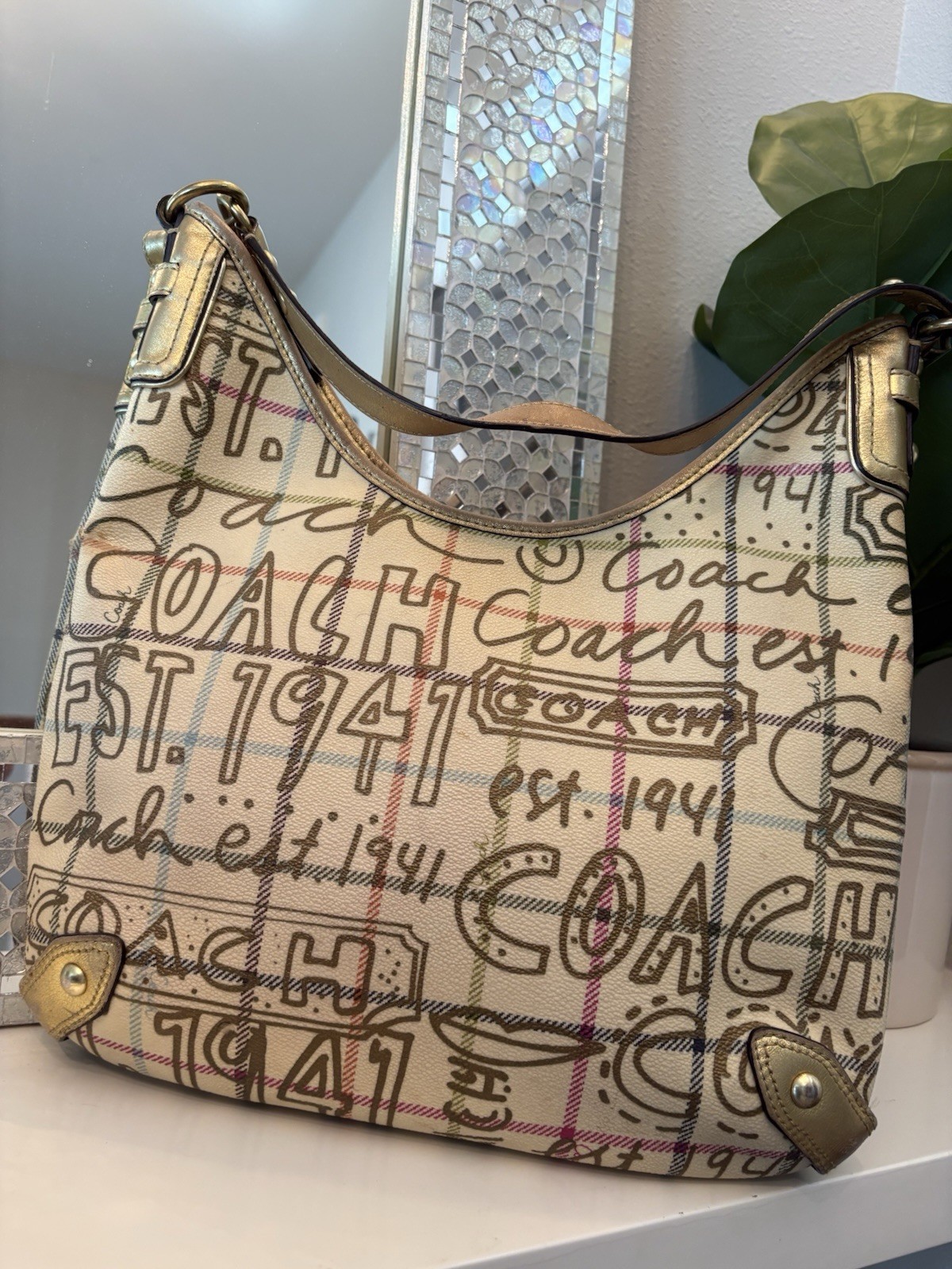 Coach Poppy Cream Tattersall Gold Y2K Graffiti Hobo Shoulder Bag Canvas