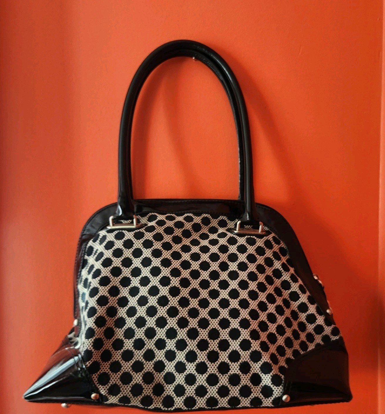 Talbots Black & Cream Polka Dots Fabric Satchel Handbag Silver Accents