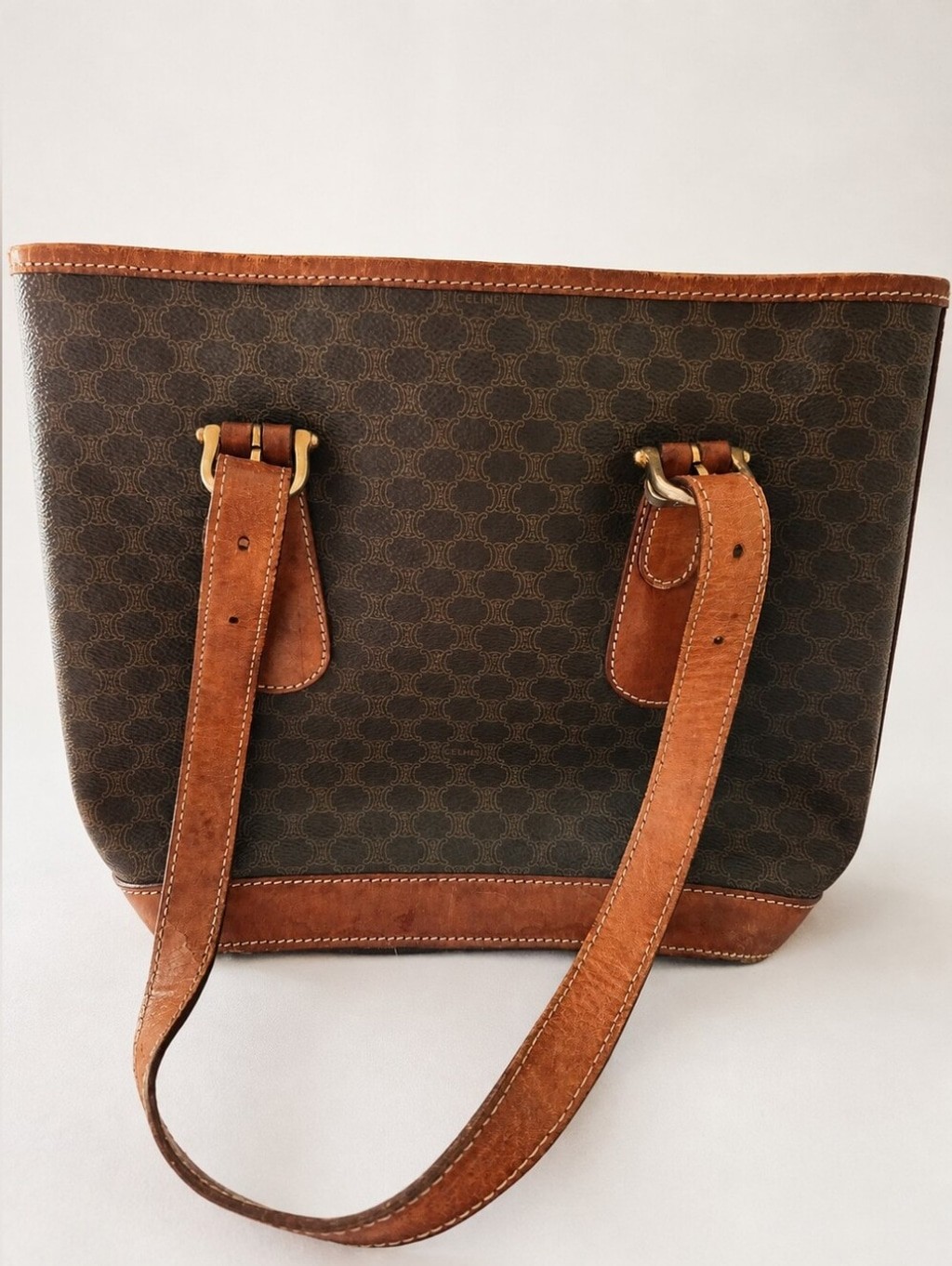 Vintage Celine Macadam Brown Leather Shoulder Tote Bag Made in Italy