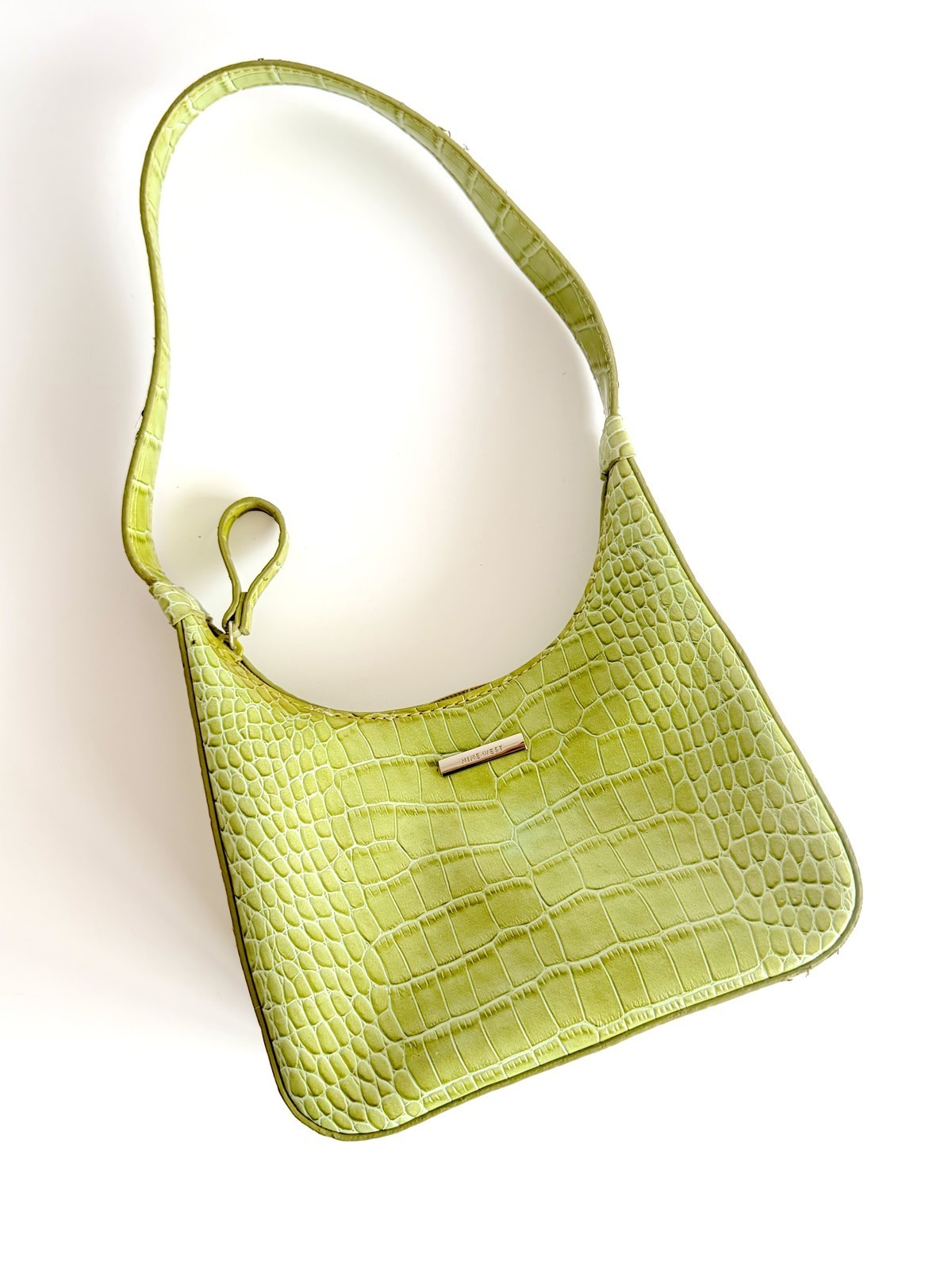 Nine West Y2K Lime Green Croc Embossed Mini Shoulder Bag Baguette Purse Vintage