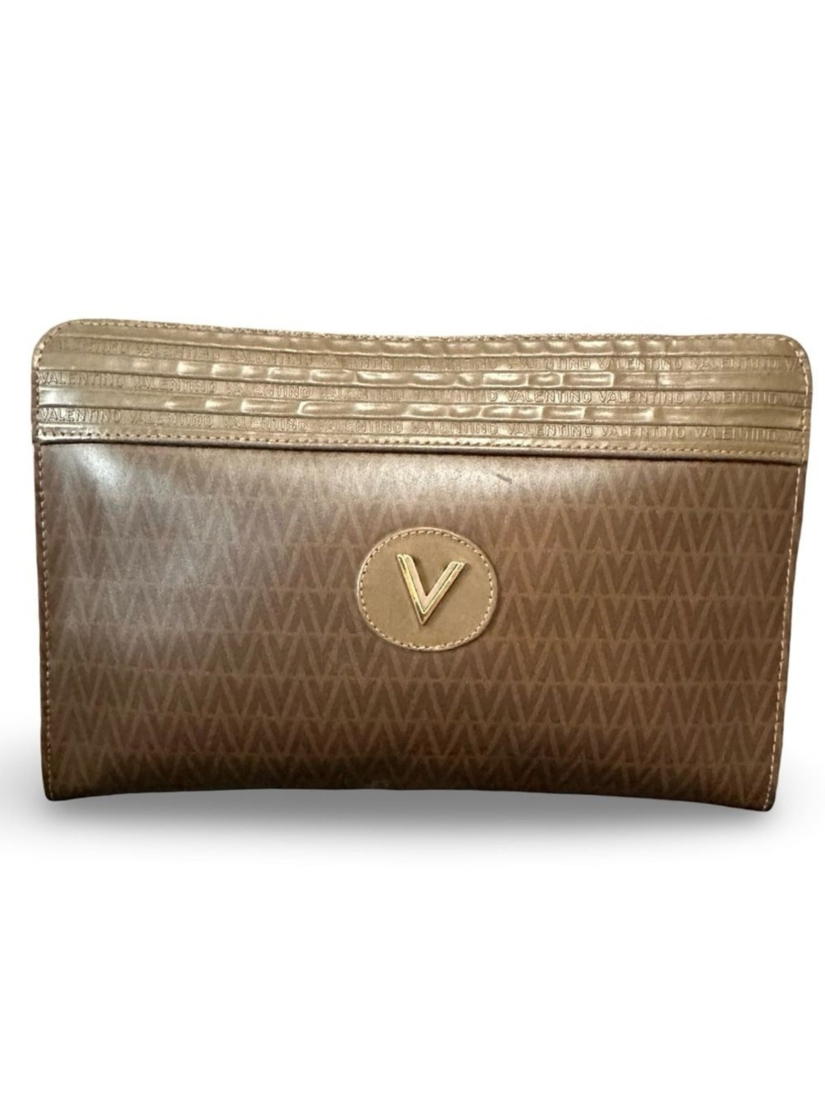 Mario Valentino Brown Clutch with Gold V Emblem