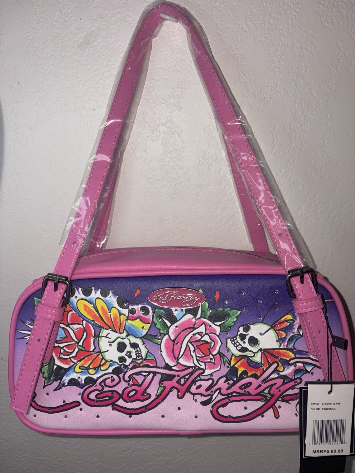 Ed Hardy Pink Satchel Bag Adjustable Straps Skull Flowers Rhinestone Y2K NWT $80