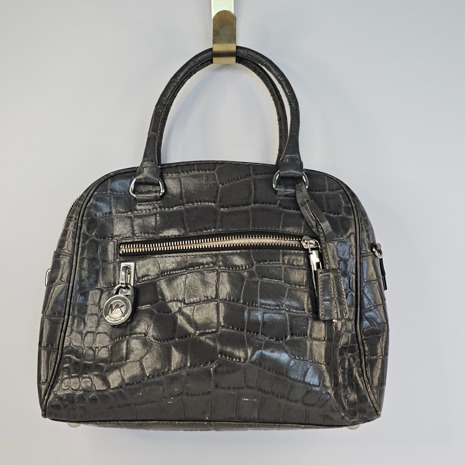 Michael Kors Croc Embossed Leather Handbag GRAY Lock Key Satchel