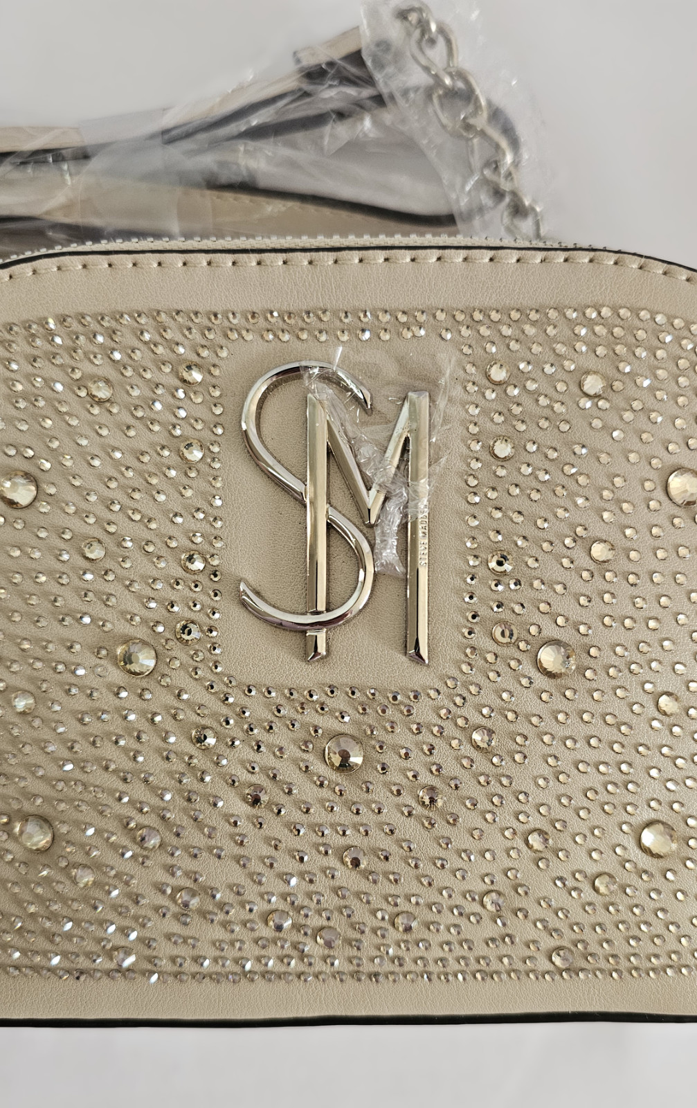 Steve Madden Women’s Rhinestone Studded Crossbody Shoulder Bag Beige 8” New