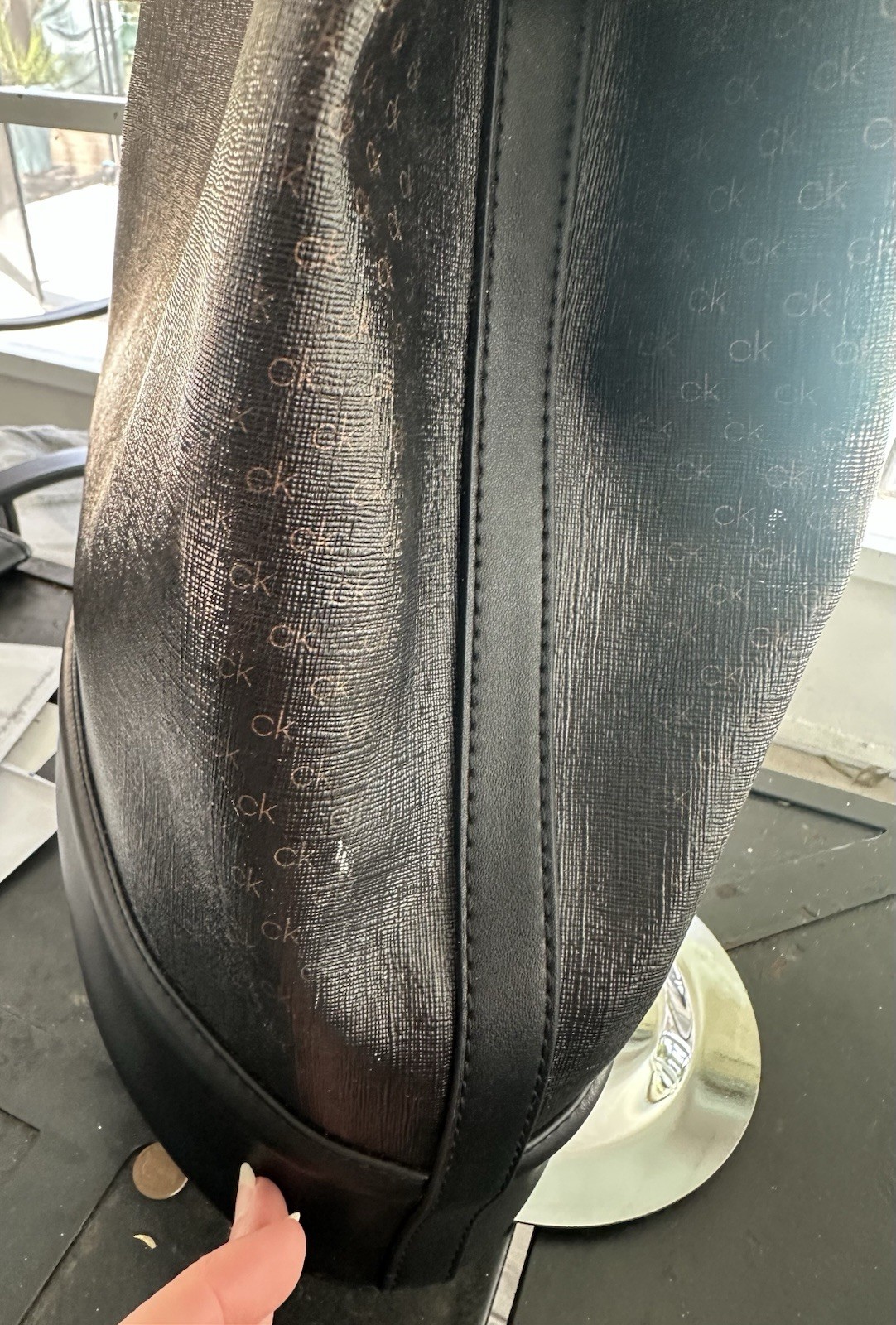 Calvin Klein Large Black Leather Tote Bag, 13 In Tall X 14 In-some Outer Scuffs