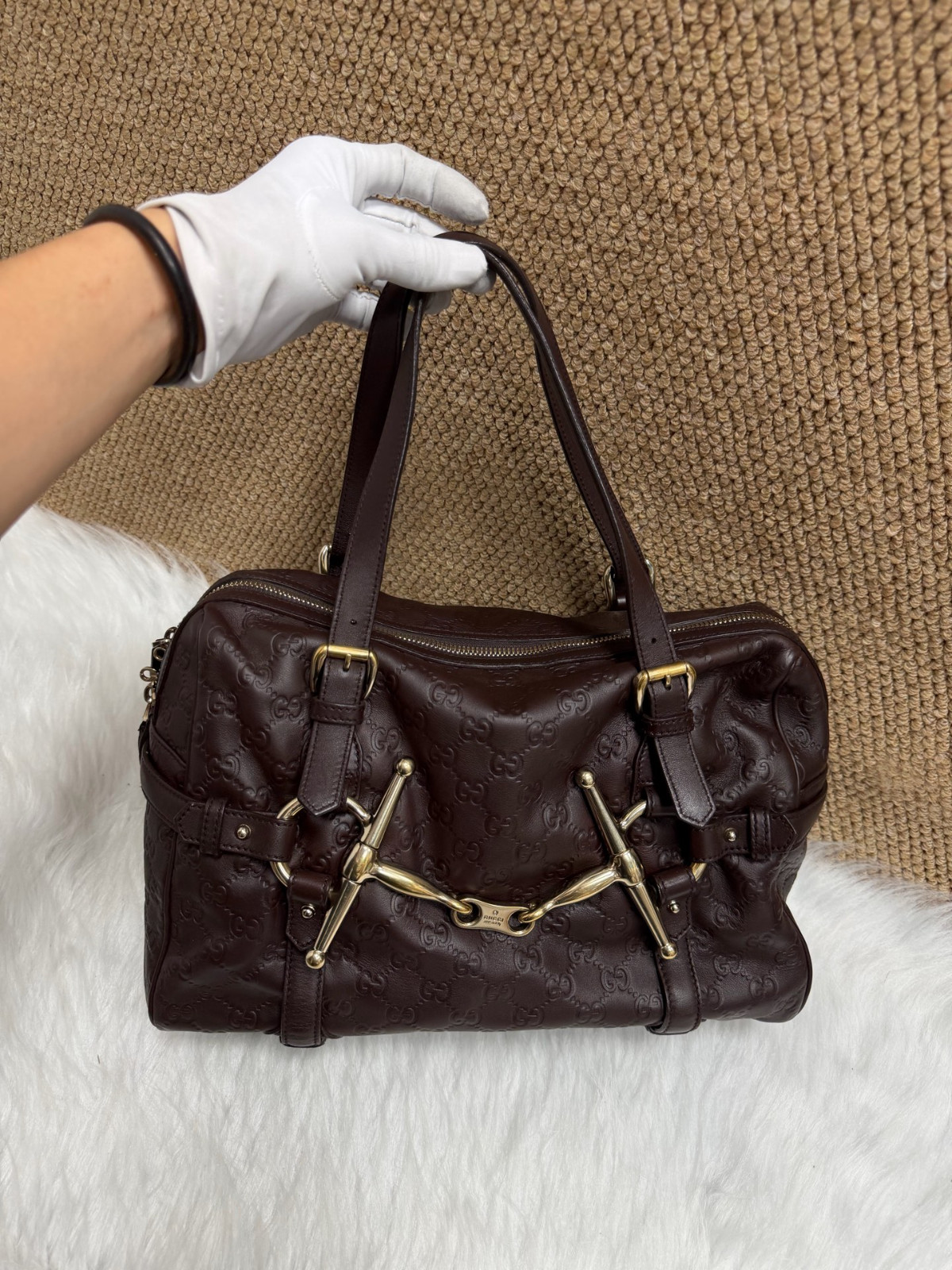 Authentic Gucci 85th Anniversary Boston Bag Embossed Leather Boston Bag Dark