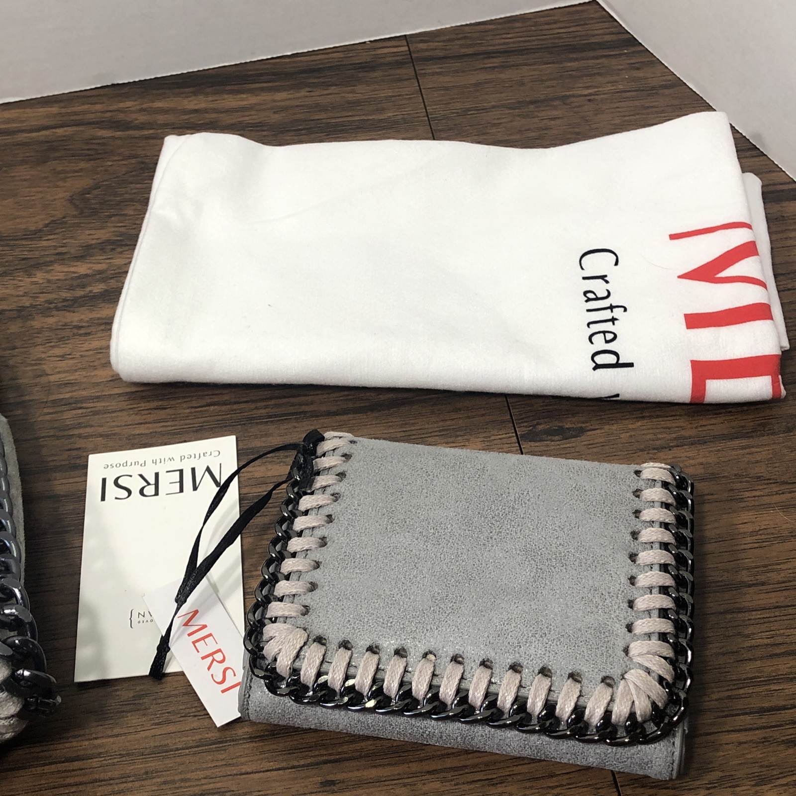 Mersi Crossbody Purse Gray Vegan Leather Metal Chain w/ Wallet & Dust Cover
