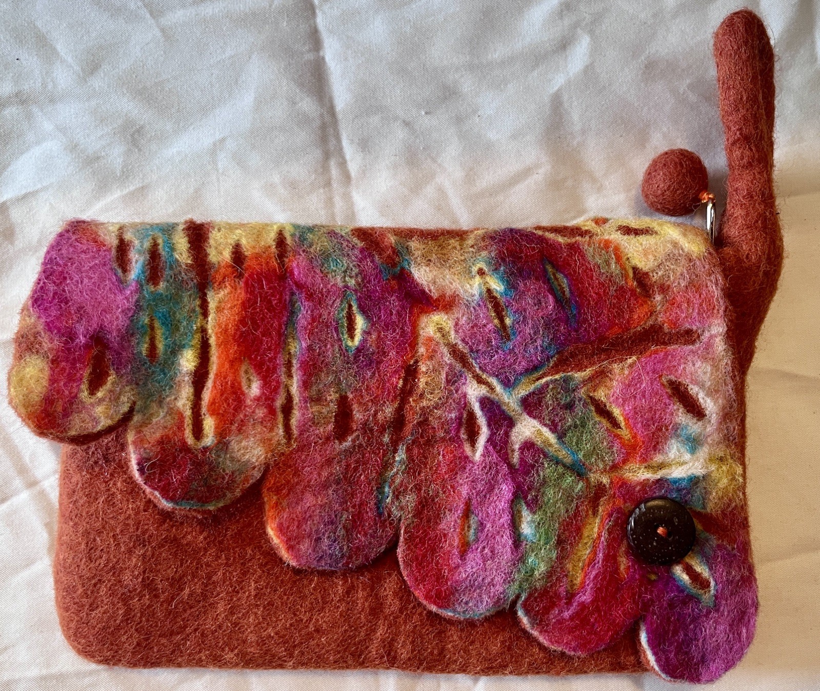 Handcrafted Wool Felt Handbag Nepal-Style 9”x 6” Purse w/ Artisan Leaf pattern