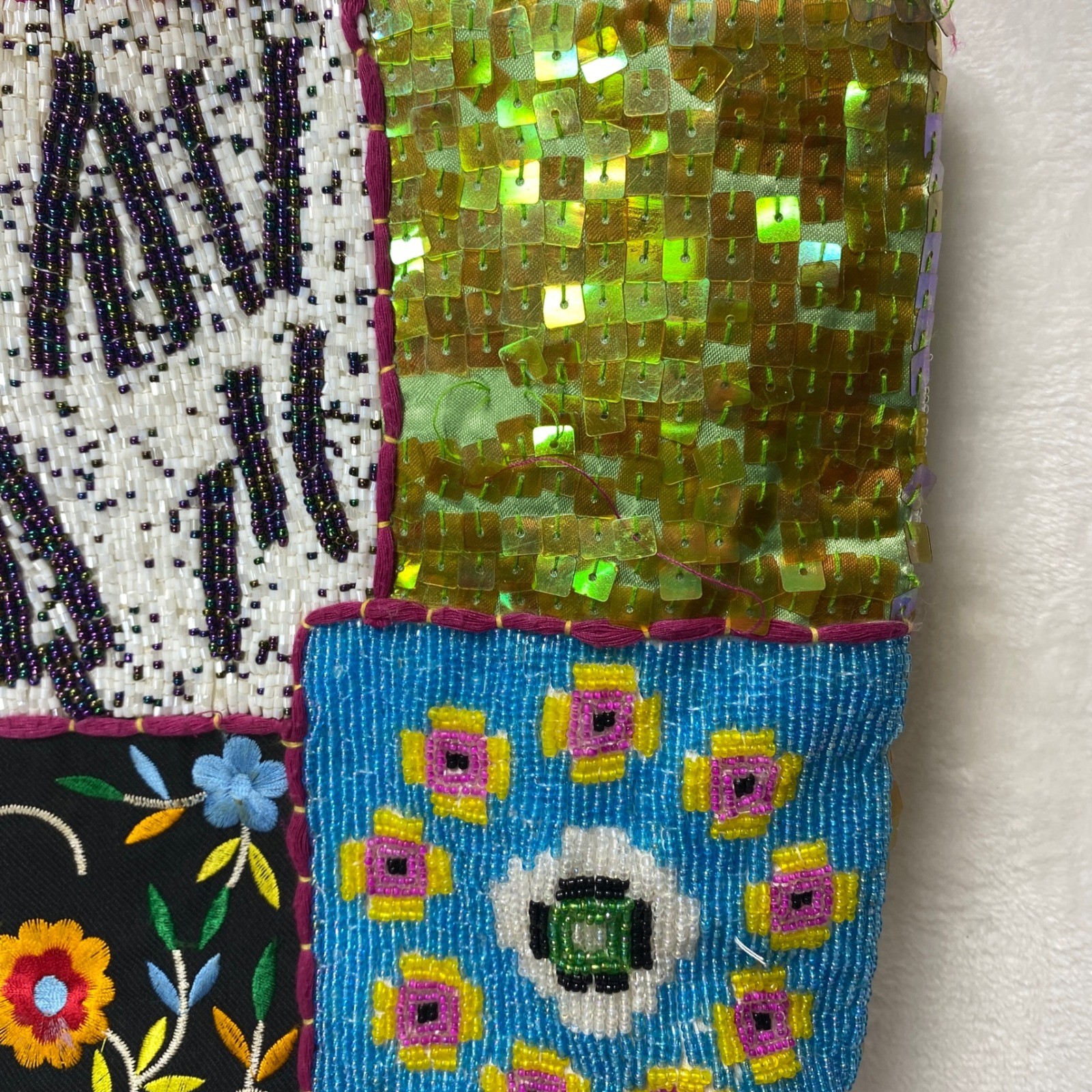 VTG Comeco Beaded Embroidery Patchwork Purse Bag Colorful Sequins Floral Zipper