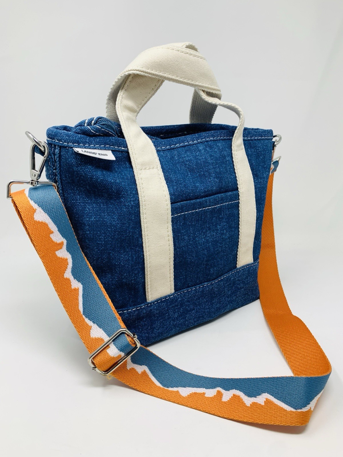 LANDS END Denim Blue Cotton Canvas Zip Top Small Tote +Customized Shoulder Strap