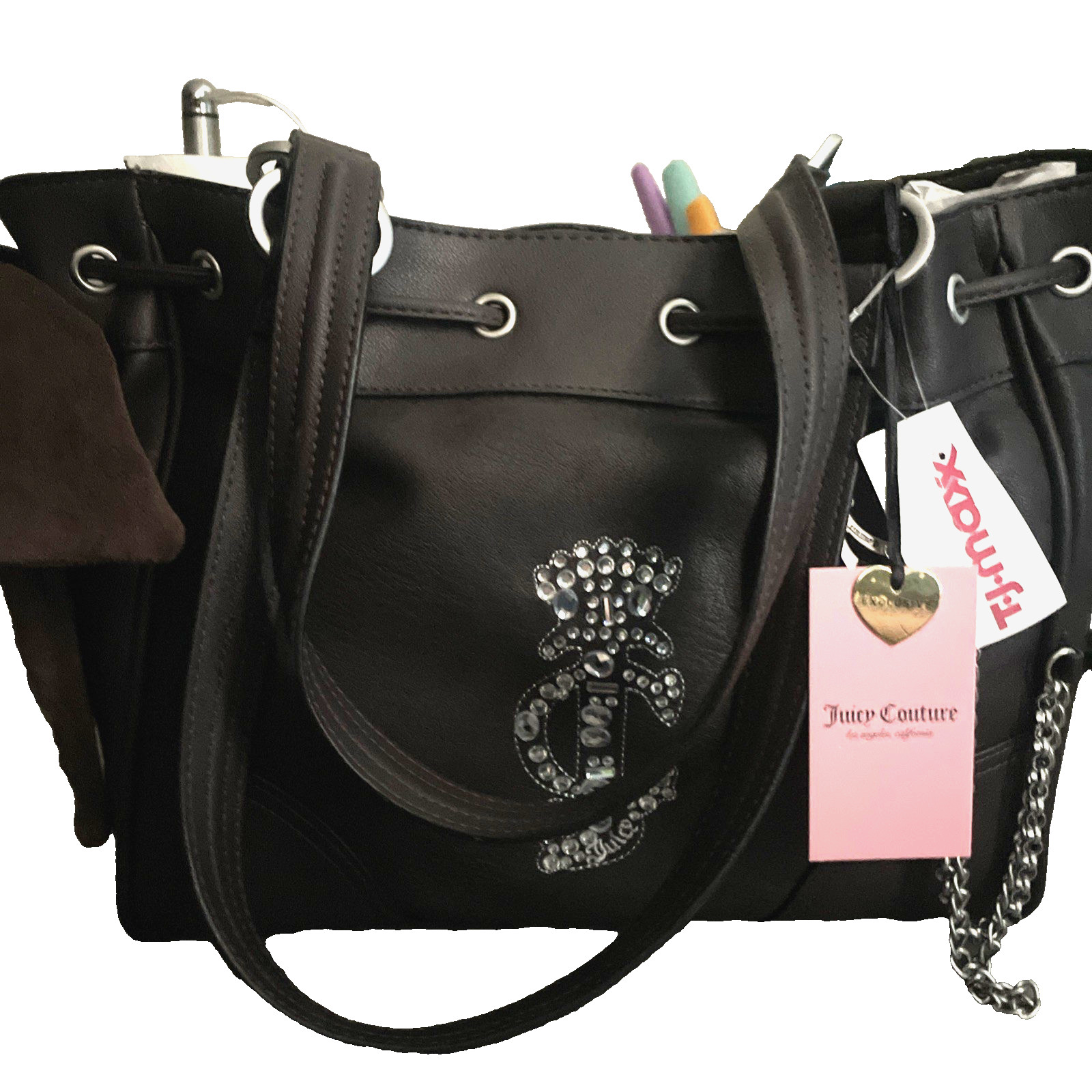Juicy Couture brown Logo Tote w/ Bag Charm, Snap Closure, Pockets
