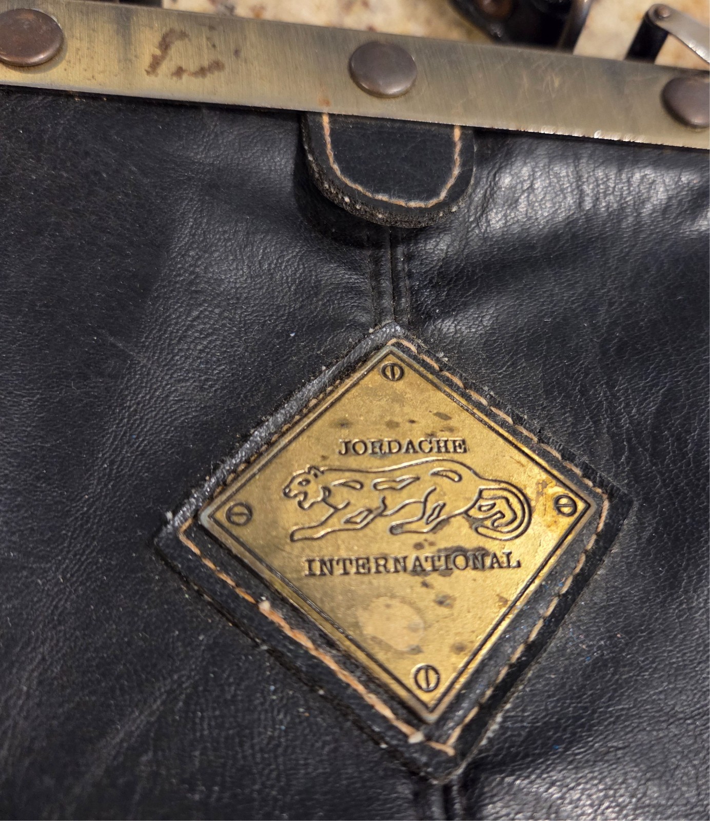 Vtg Jordache International Black Leather Handbag Cheetah Wild Cat Logo