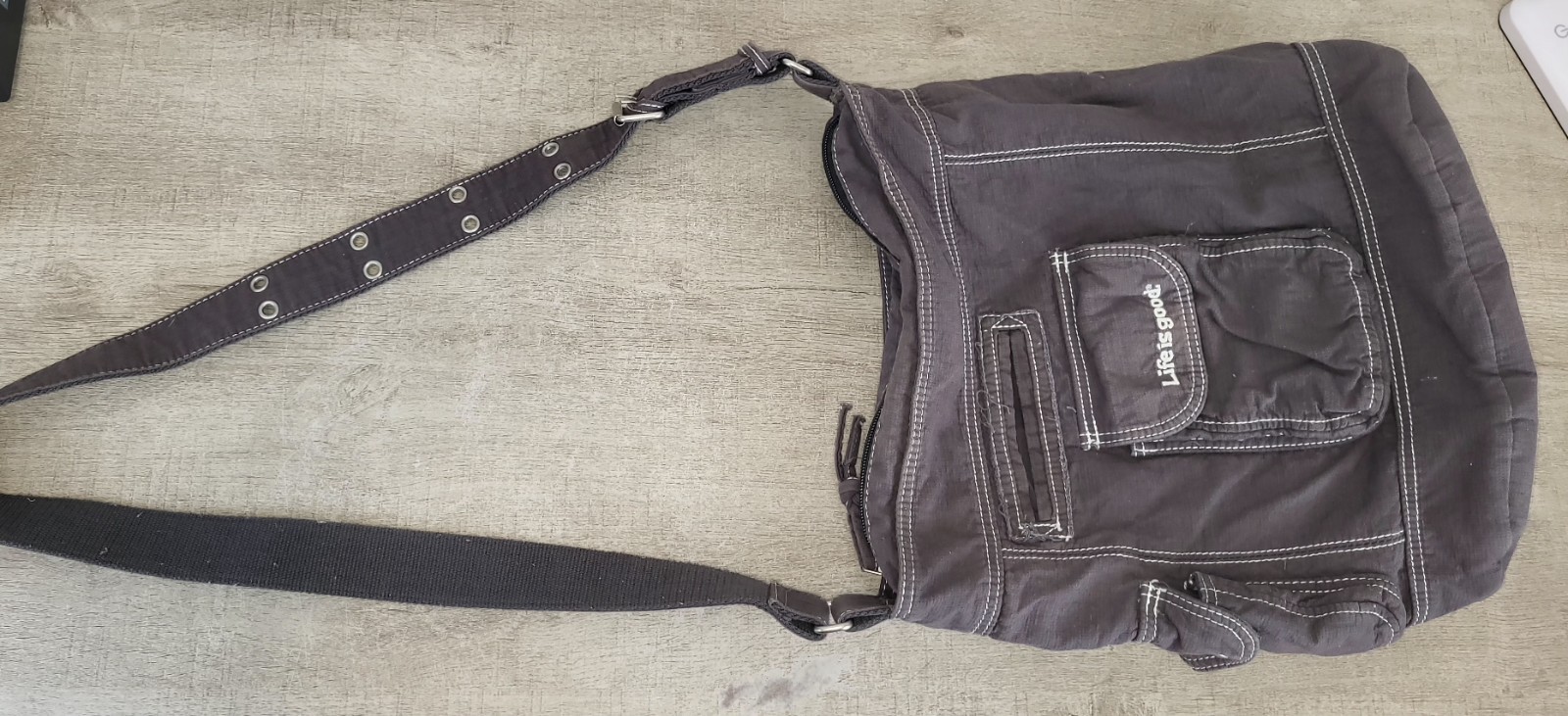 Life Is Good Dark Gray Boho Style Purse Crossbody Bag w Pockets Washable Cotton